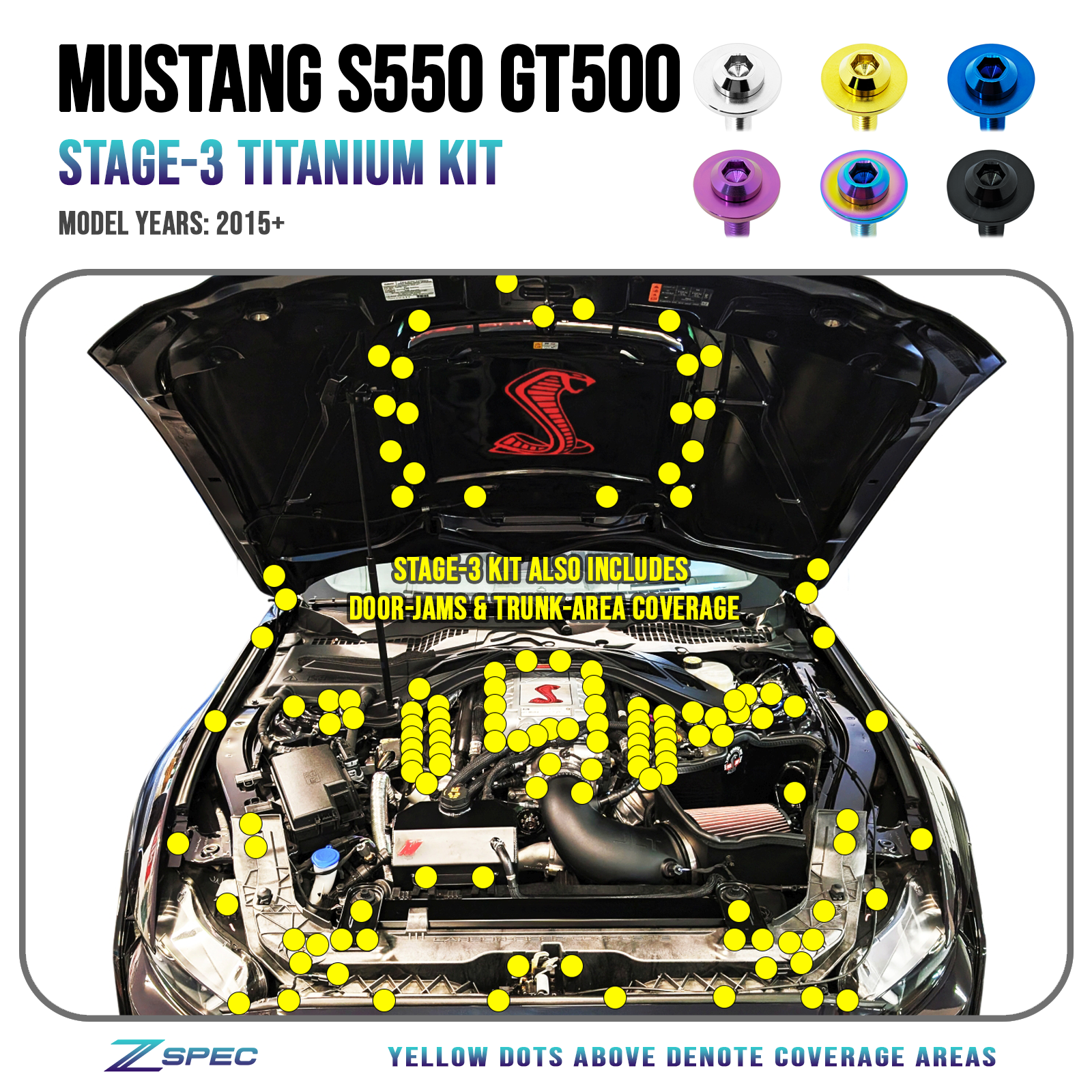 ZSPEC Stage-3 Dress Up Bolts® Fastener Kit for '15-23 Ford Mustang GT500 S550, Titanium