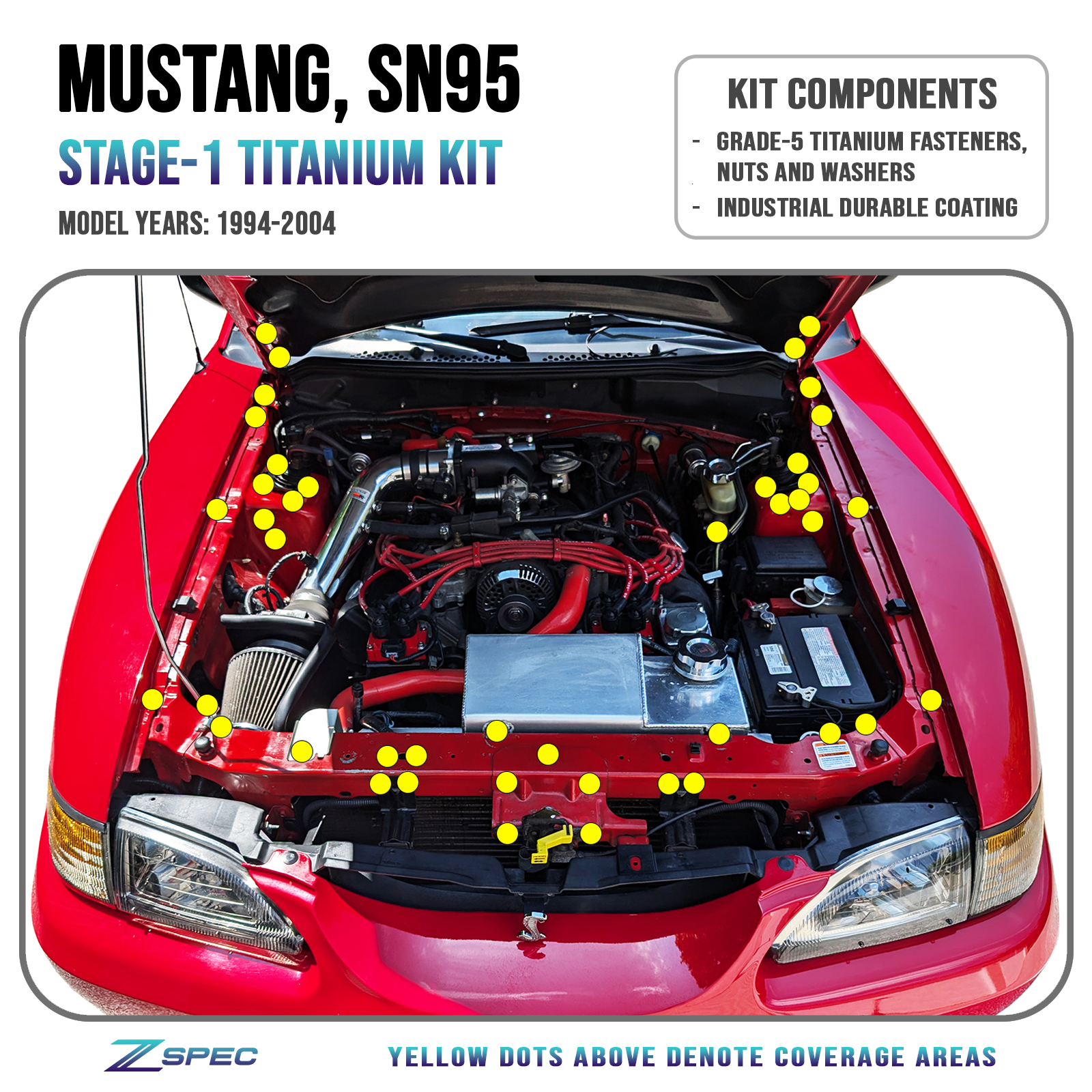 ZSPEC Stage-1 Dress Up Bolts® Fastener Kit for Ford Mustang SN95 V8, Titanium - ZSPEC Design LLC - Hardware Fasteners - Fastener Kit, ford, mustang, sn95, stage 1 - zspecdesign.com