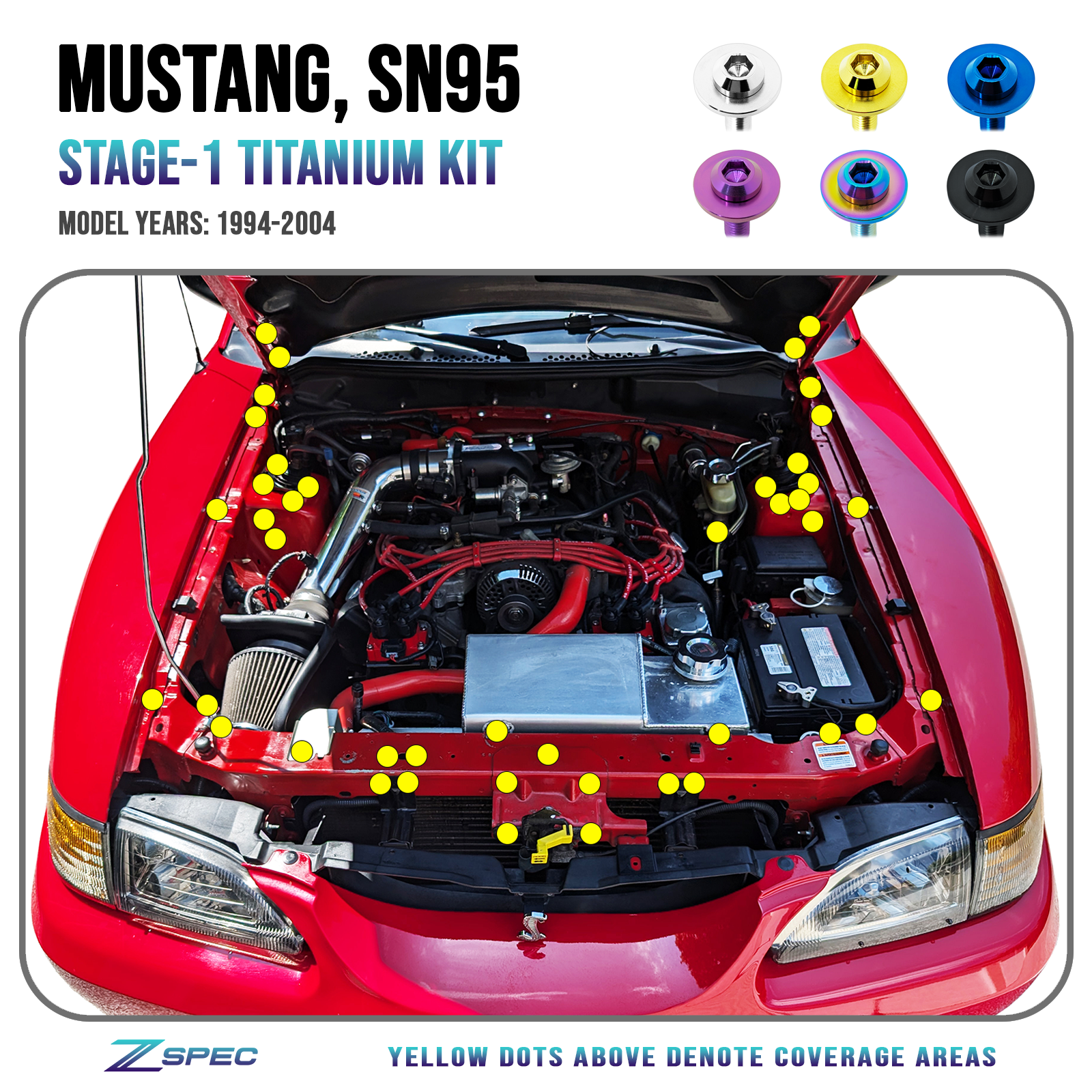 ZSPEC Stage-1 Dress Up Bolts® Fastener Kit for Ford Mustang SN95 V8, Titanium