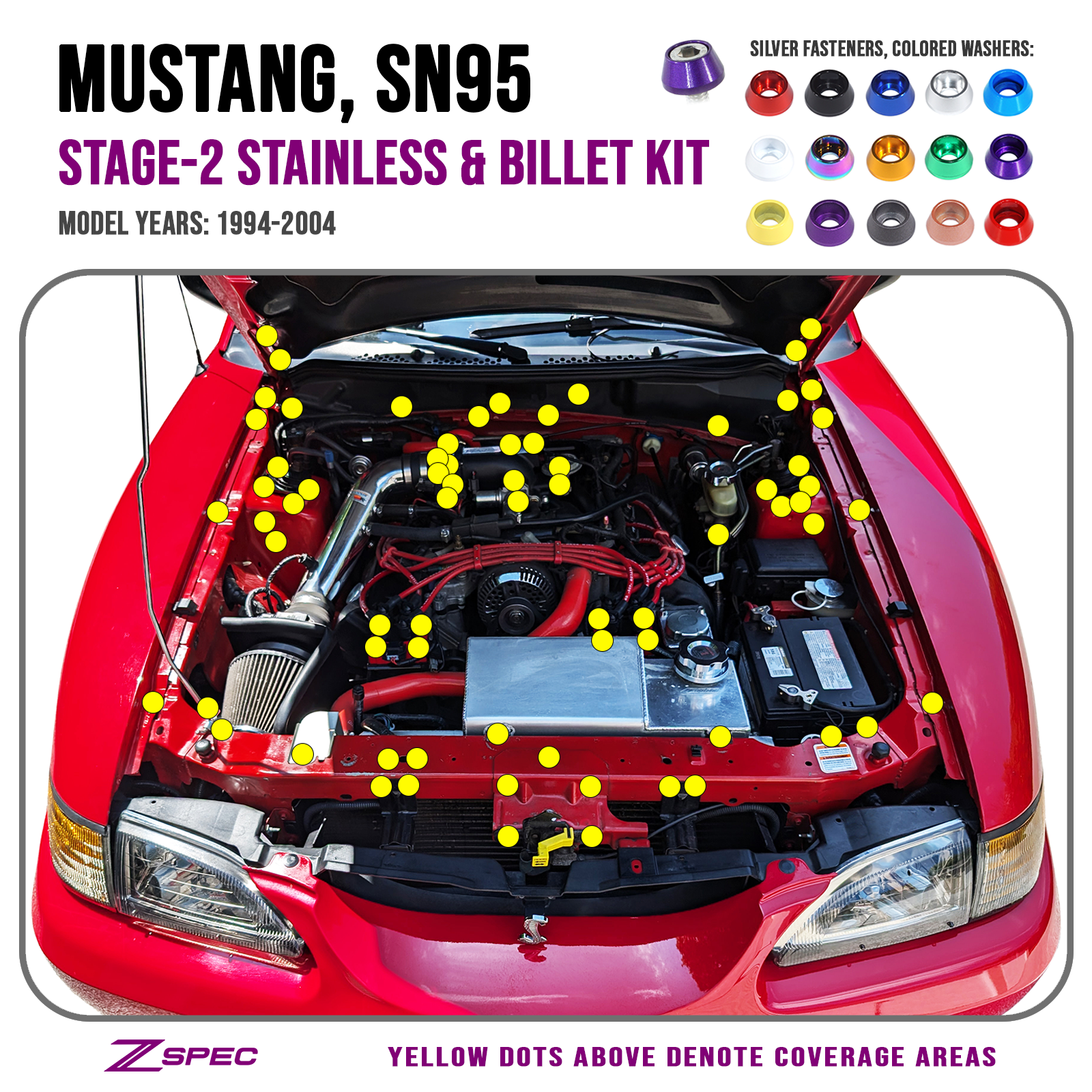 ZSPEC Stage-2 Dress Up Bolts® Fastener Kit for Ford Mustang SN95 V8, Stainless & Billet - ZSPEC Design LLC - Hardware Fasteners - Fastener Kit, ford, mustang, sn95, stage 1 - zspecdesign.com