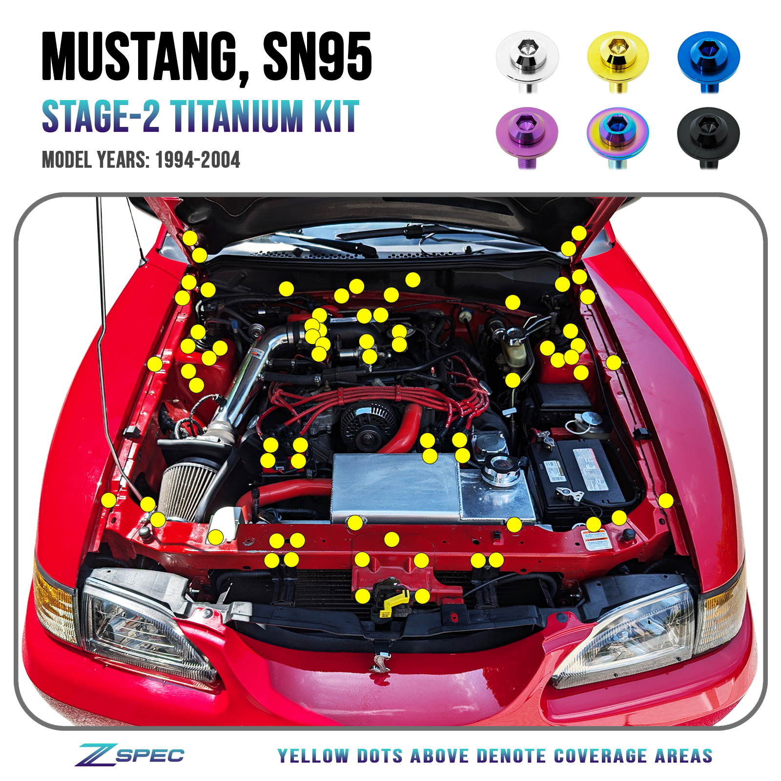 ZSPEC Stage-2 Dress Up Bolts® Fastener Kit for Ford Mustang SN95 V8, Titanium