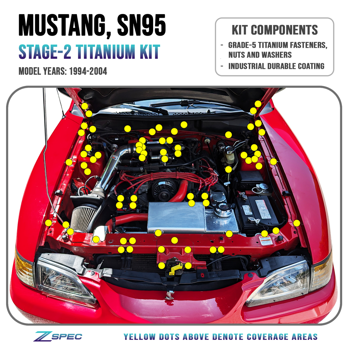ZSPEC Stage-2 Dress Up Bolts® Fastener Kit for Ford Mustang SN95 V8, Titanium - ZSPEC Design LLC - Hardware Fasteners - Fastener Kit, ford, mustang, sn95, stage 2 - zspecdesign.com