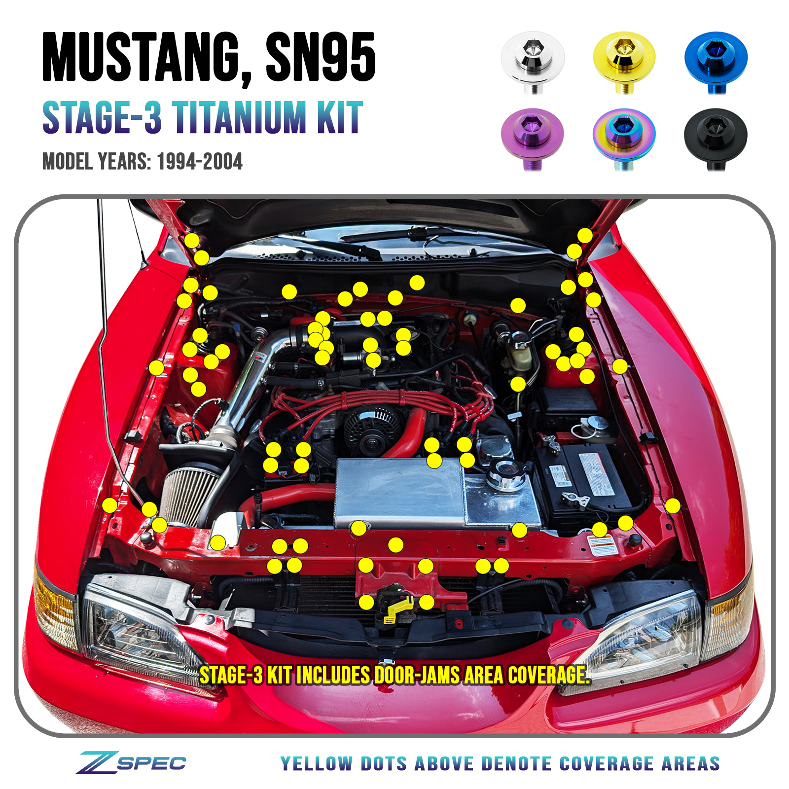 ZSPEC Stage-3 Dress Up Bolts® Fastener Kit for Ford Mustang SN95 V8, Titanium