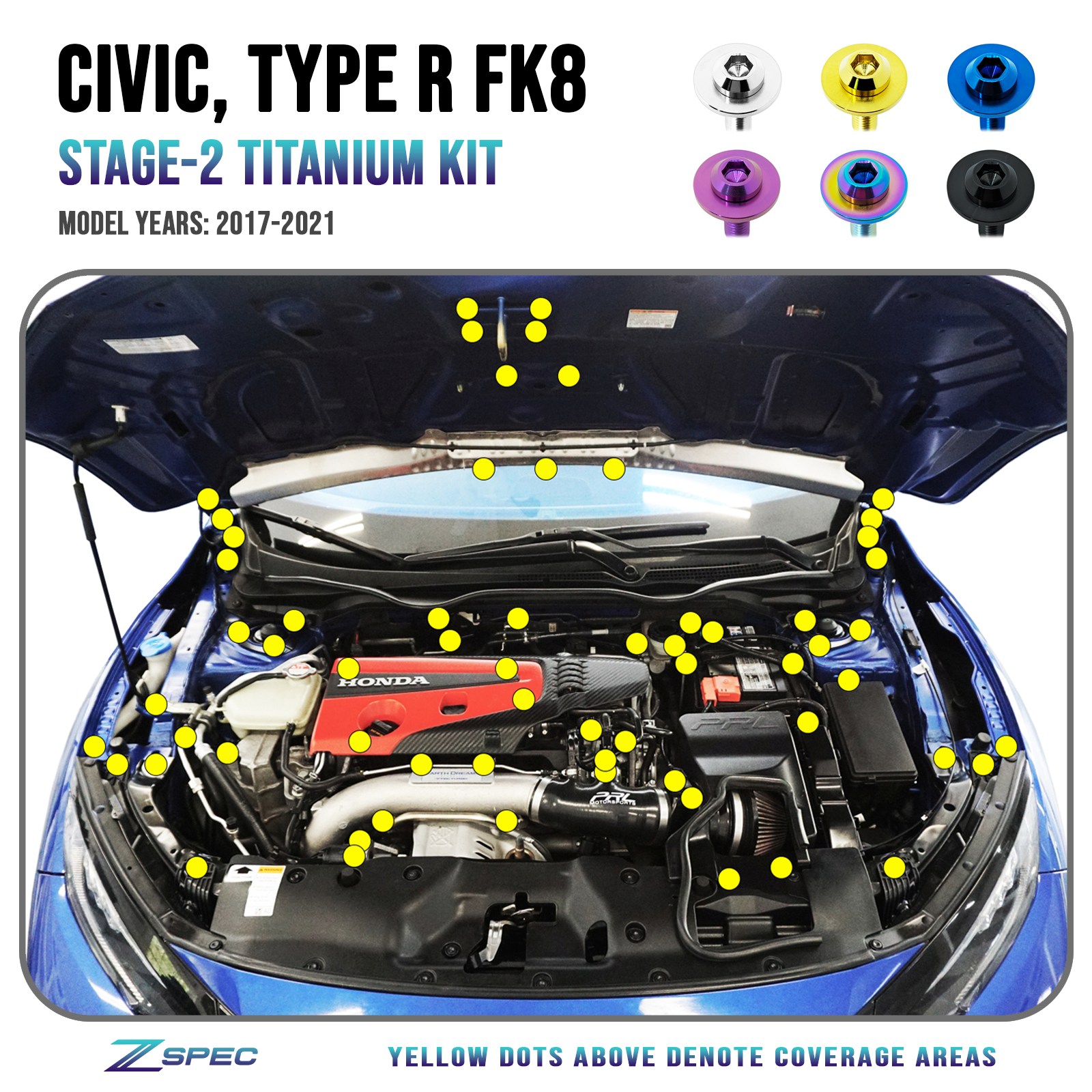 ZSPEC Stage-2 Dress Up Bolts® Fastener Kit for the Civic FK8 Type R, Titanium - ZSPEC Design LLC - Hardware Fasteners - civic, Fastener Kit, honda, si, stage 2, type r - zspecdesign.com