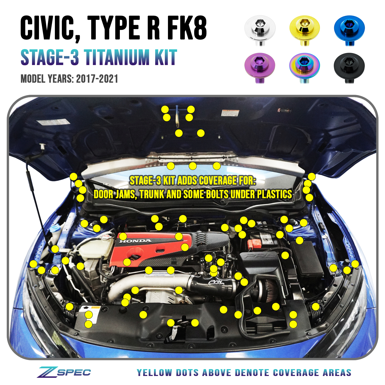 ZSPEC Stage-3 Dress Up Bolts® Fastener Kit for the Civic FK8 Type R, Titanium - ZSPEC Design LLC - Hardware Fasteners - civic, Fastener Kit, honda, si, stage 3, type r - zspecdesign.com