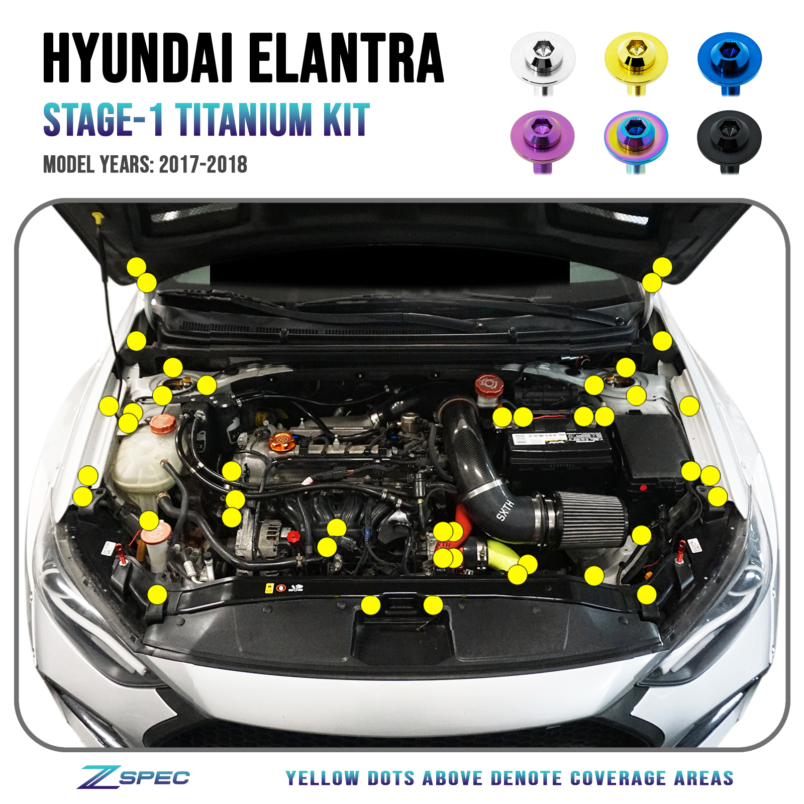 ZSPEC "Stage 1" Dress Up Bolts® Fastener Kit for '17-18 Hyundai Elantra, Titanium - ZSPEC Design LLC - Hardware Fasteners - elantra, Fastener Kit, hyundai, stage 1 - zspecdesign.com