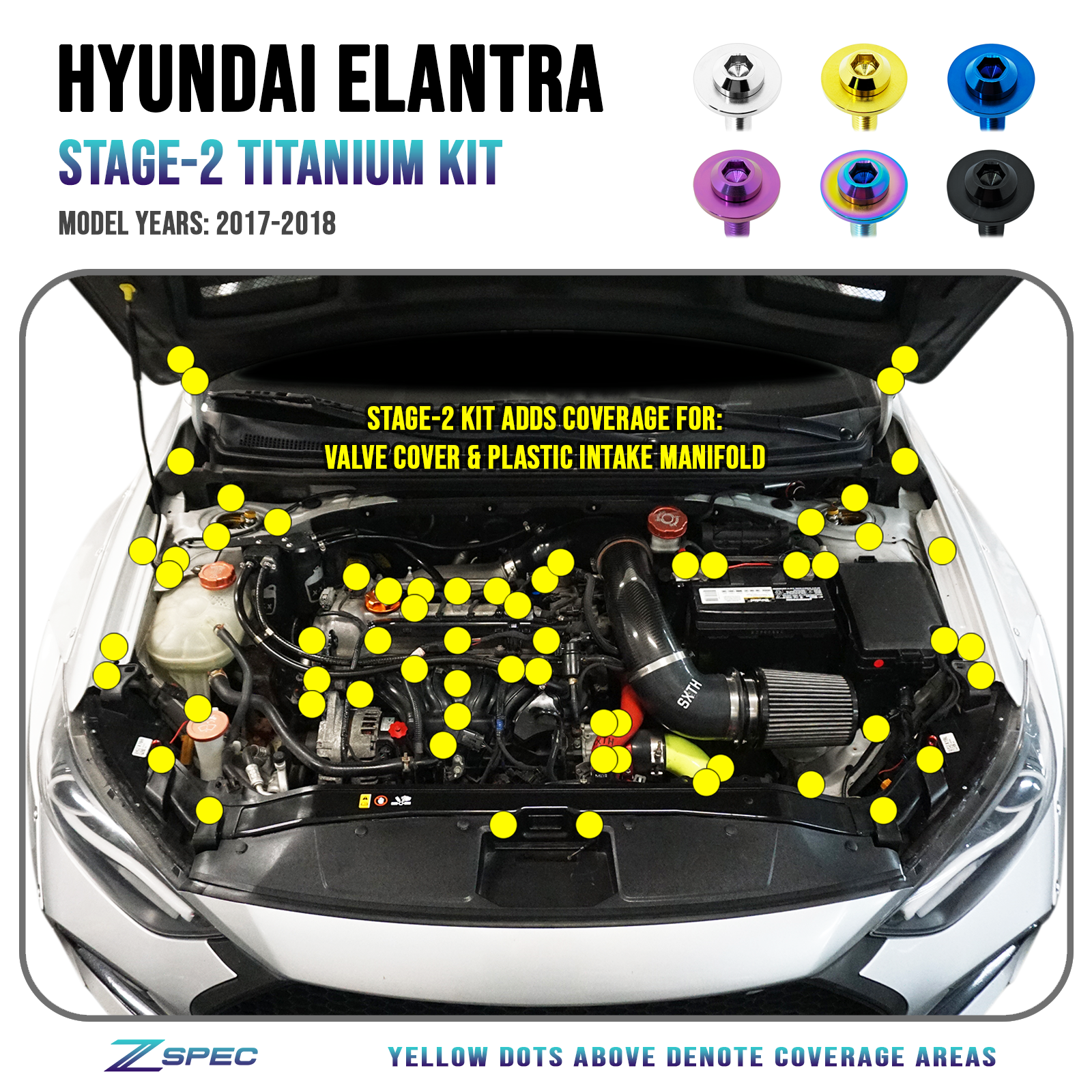 ZSPEC "Stage 2" Dress Up Bolts® Fastener Kit for '17-18 Hyundai Elantra, Titanium - ZSPEC Design LLC - Hardware Fasteners - elantra, Fastener Kit, hyundai, stage 2 - zspecdesign.com