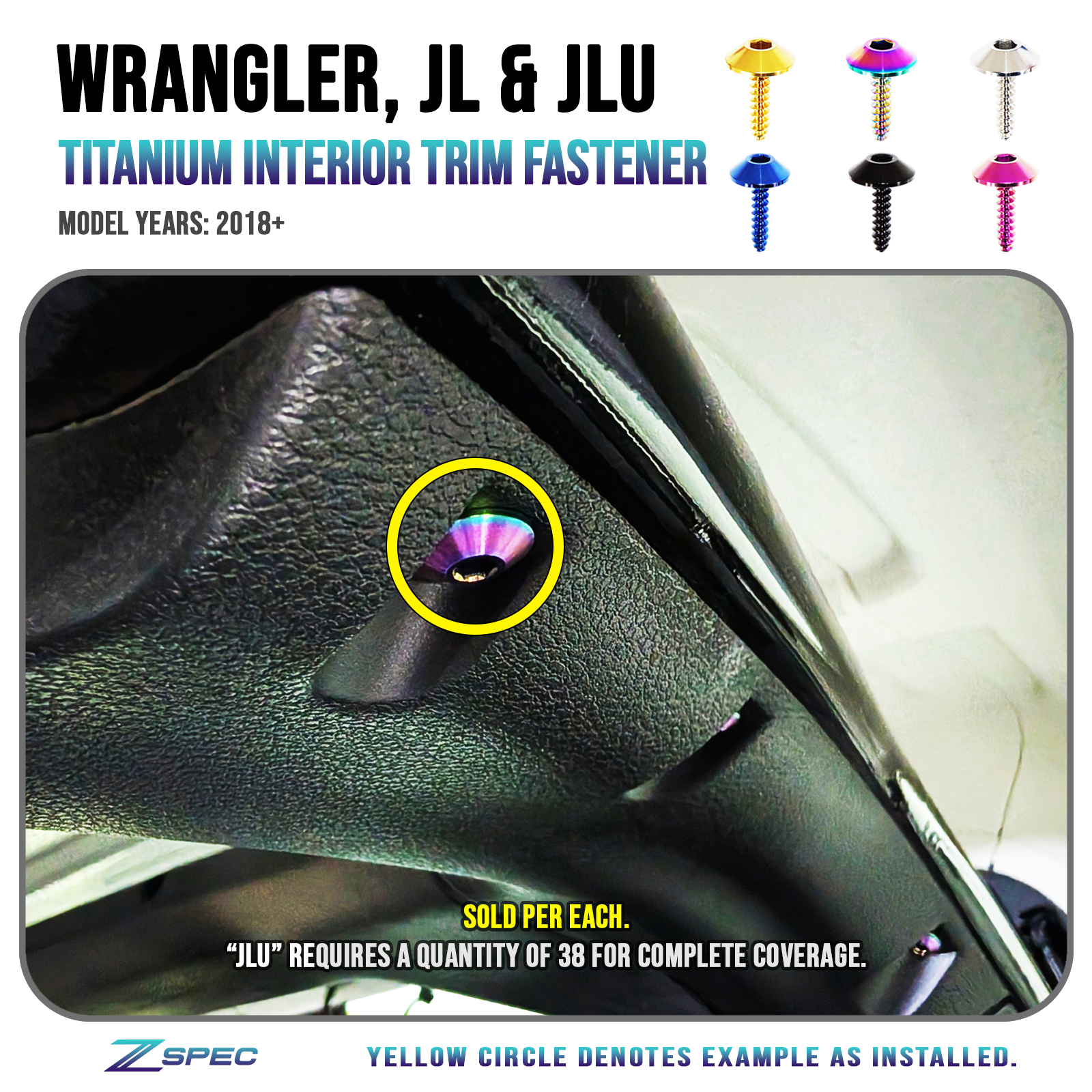 ZSPEC Interior Overhead Trim Fastener for 2018+ Jeep JLU Wrangler, Titanium - Dress Up Bolts Hardware by ZSPEC Design LLC