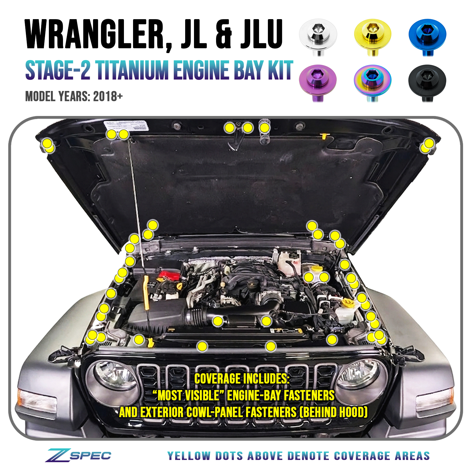 ZSPEC Stage-2 Engine-Bay Fastener Kit for 2018+ Jeep JL & JLU Wrangler, Titanium