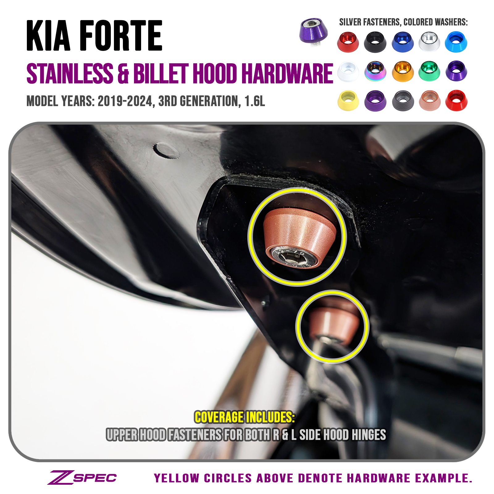 ZSPEC Hood Fastener Kit for 2020-24 Kia Forte BD 1.6L, Stainless & Billet, Dress Up Bolts Hardware, Fast Turn Around Order Delivery