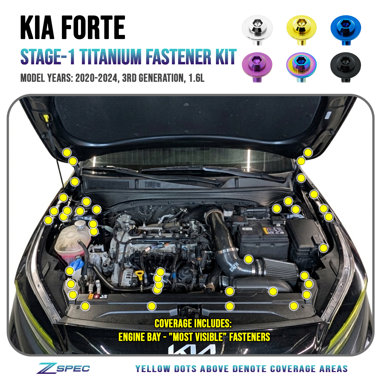 ZSPEC Stage-1 Fastener Kit for 2020-24 Kia Forte 1.6L, Titanium