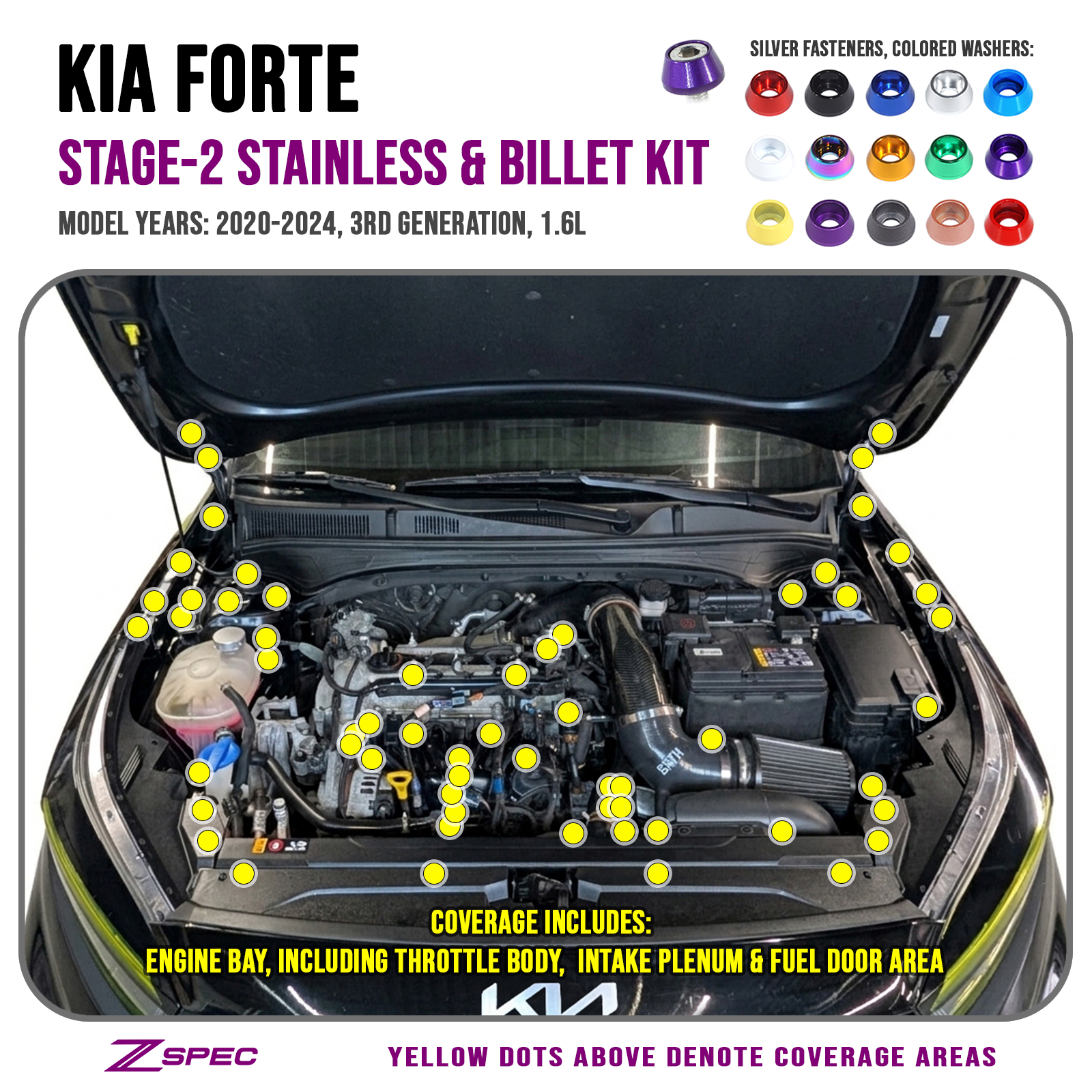 ZSPEC Stage-2 Fastener Kit for 2020-24 Kia Forte BD 1.6L, Stainless & Billet, Dress Up Bolts Hardware, Fast Turn Around Delivery