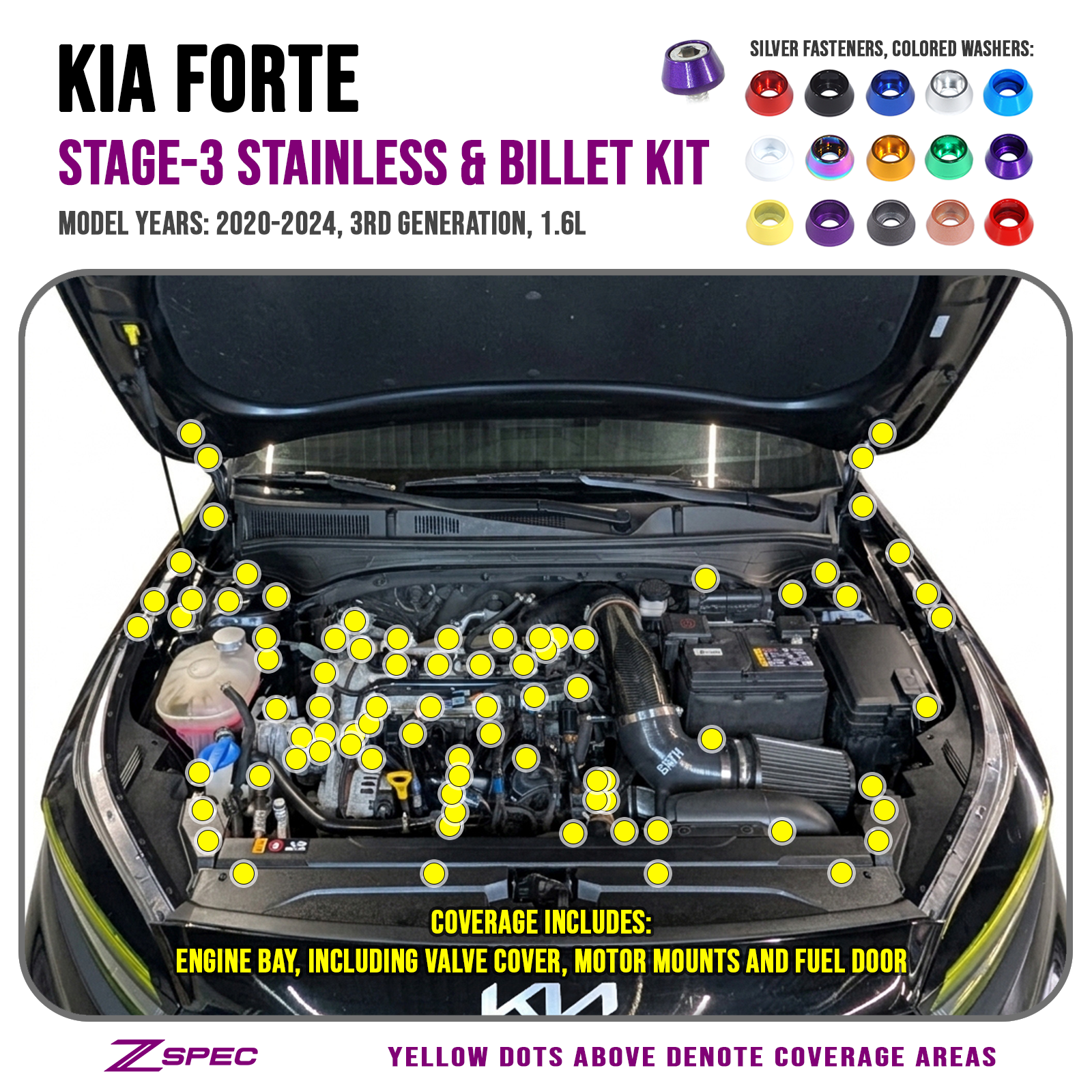 ZSPEC Stage-3 Fastener Kit for 2020-24 Kia Forte BD 1.6L, Stainless & Billet, Dress Up Bolts Hardware, Fast Turn Around Delivery