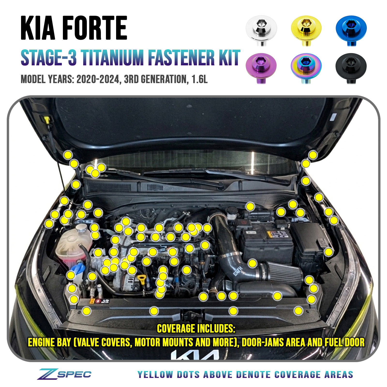 ZSPEC Stage-3 Fastener Kit for 2020-24 Kia Forte 1.6L, Titanium, Dress Up Bolts Fasteners Hardware, Fast Turn Around Shipping.