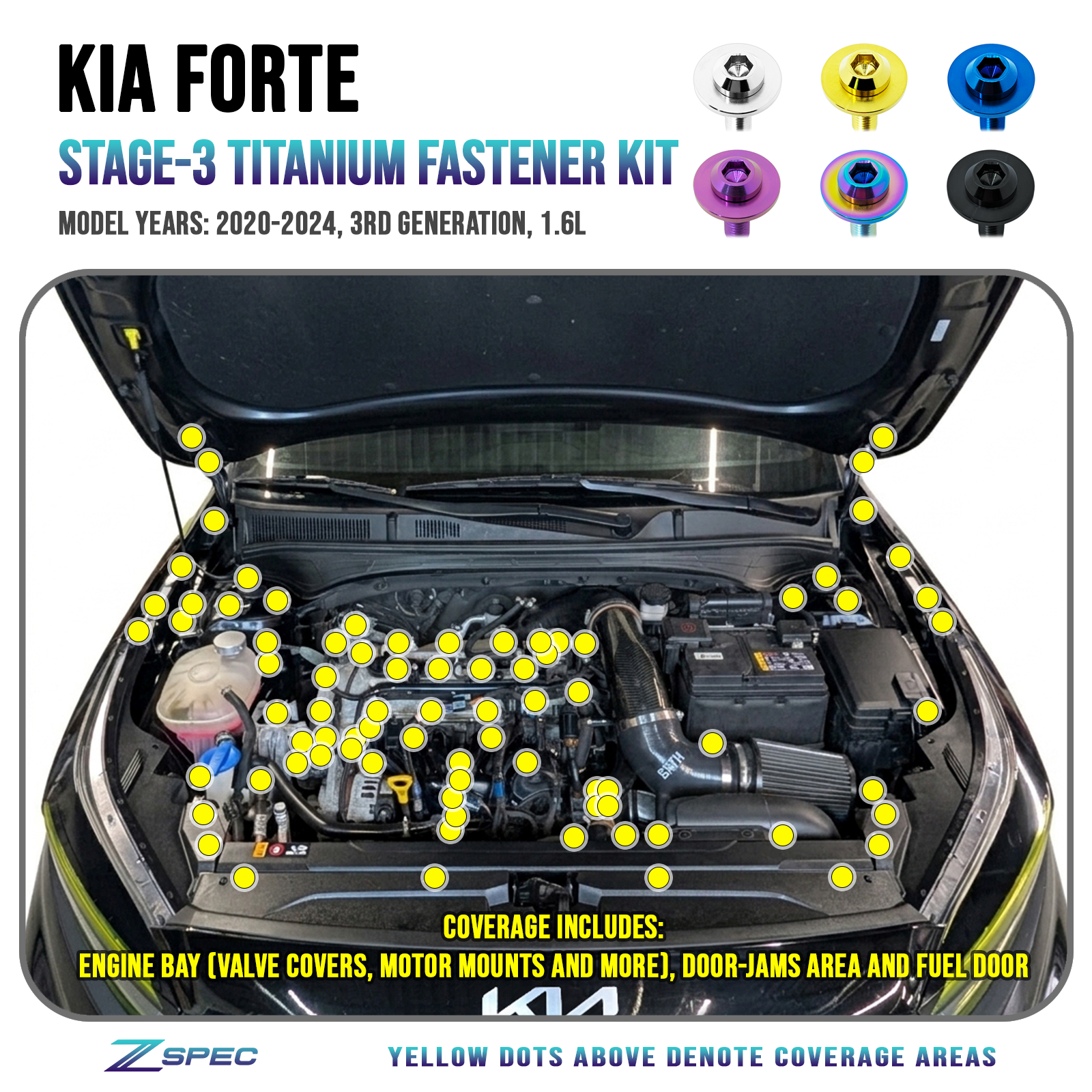 ZSPEC Stage-3 Fastener Kit for 2020-24 Kia Forte 1.6L, Titanium, Dress Up Bolts Fasteners Hardware, Fast Turn Around Shipping.
