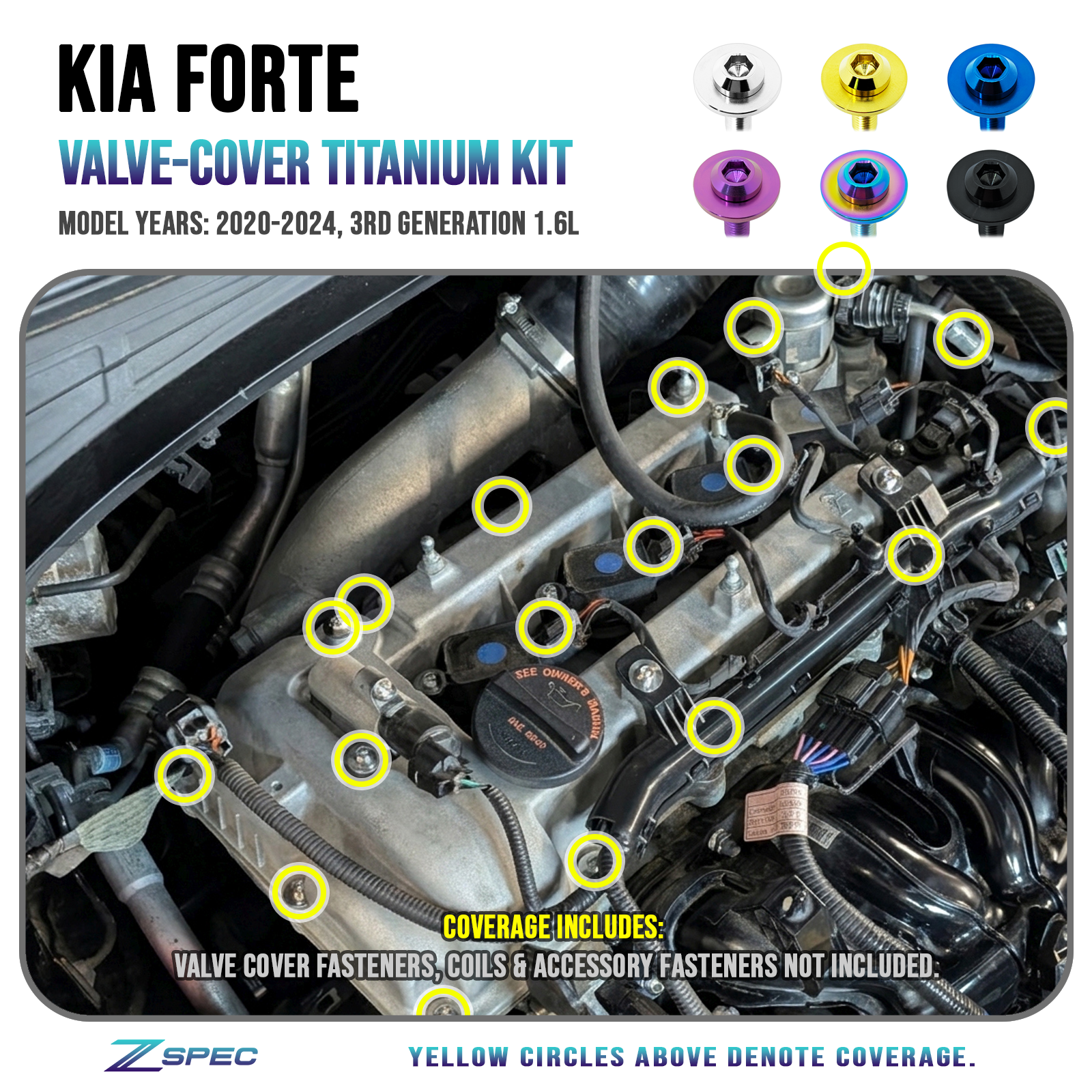 ZSPEC Titanium Valve Cover Fastener Kit for 2020-24 Kia Forte 1.6L