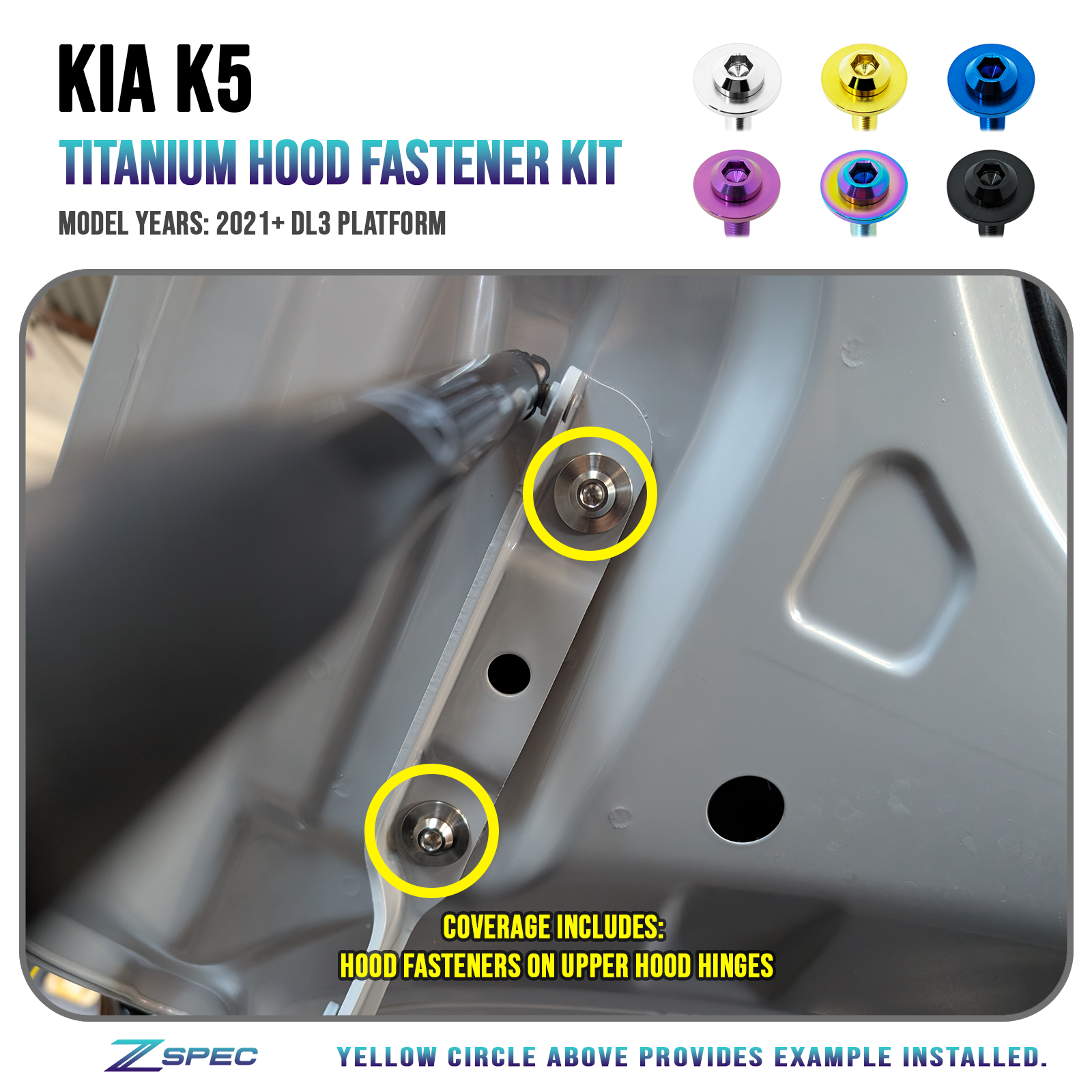 ZSPEC Hood Fastener Kit for 2021+ Kia K5 Sedan (DL3), Titanium - ZSPEC Design LLC