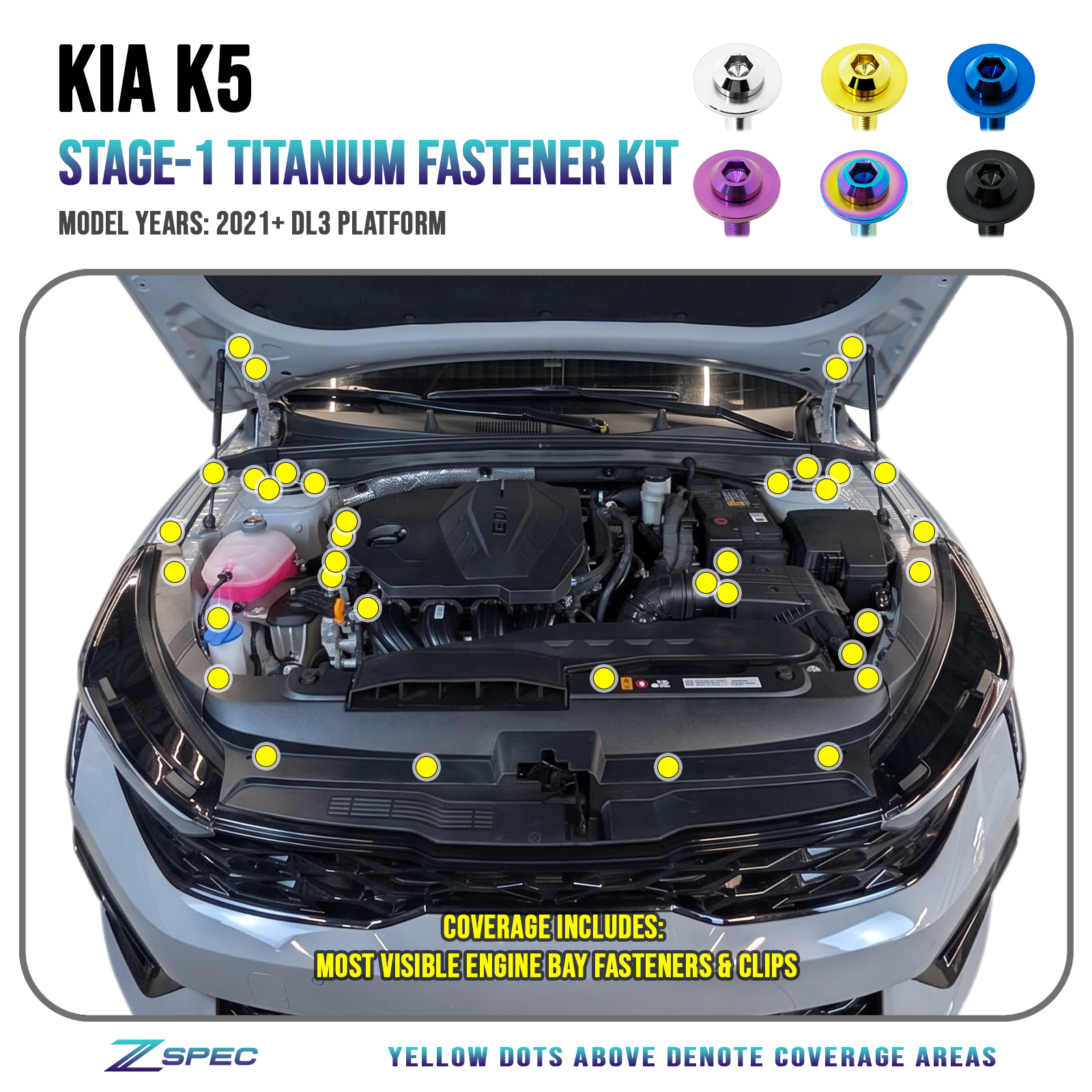 ZSPEC Stage-1 Fastener Kit for 2021+ Kia K5 Sedan (DL3), Titanium