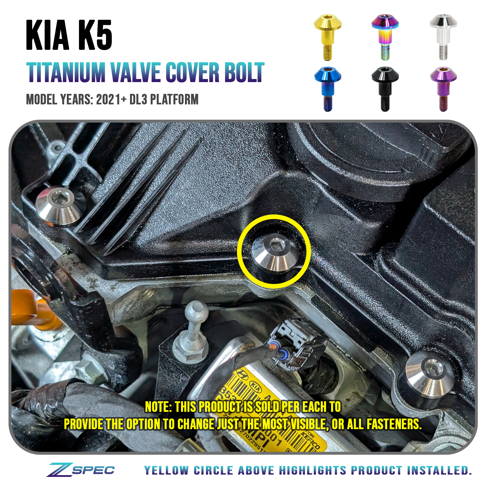 ZSPEC Titanium Valve Cover Fastener for 2021+ Kia K5 Sedan (DL3), Per Each