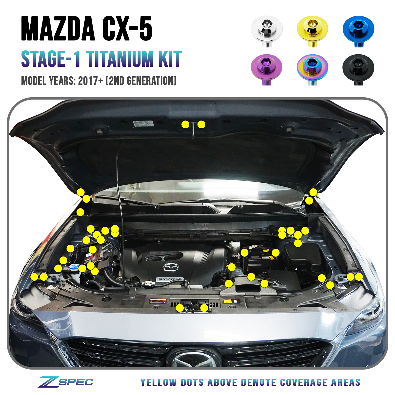 ZSPEC "Stage 1" Dress Up Bolts® Fastener Kit for '17-23 Mazda CX-5, Titanium - ZSPEC Design LLC - Hardware Fasteners - cx-9, Fastener Kit, mazda, stage 1 - zspecdesign.com
