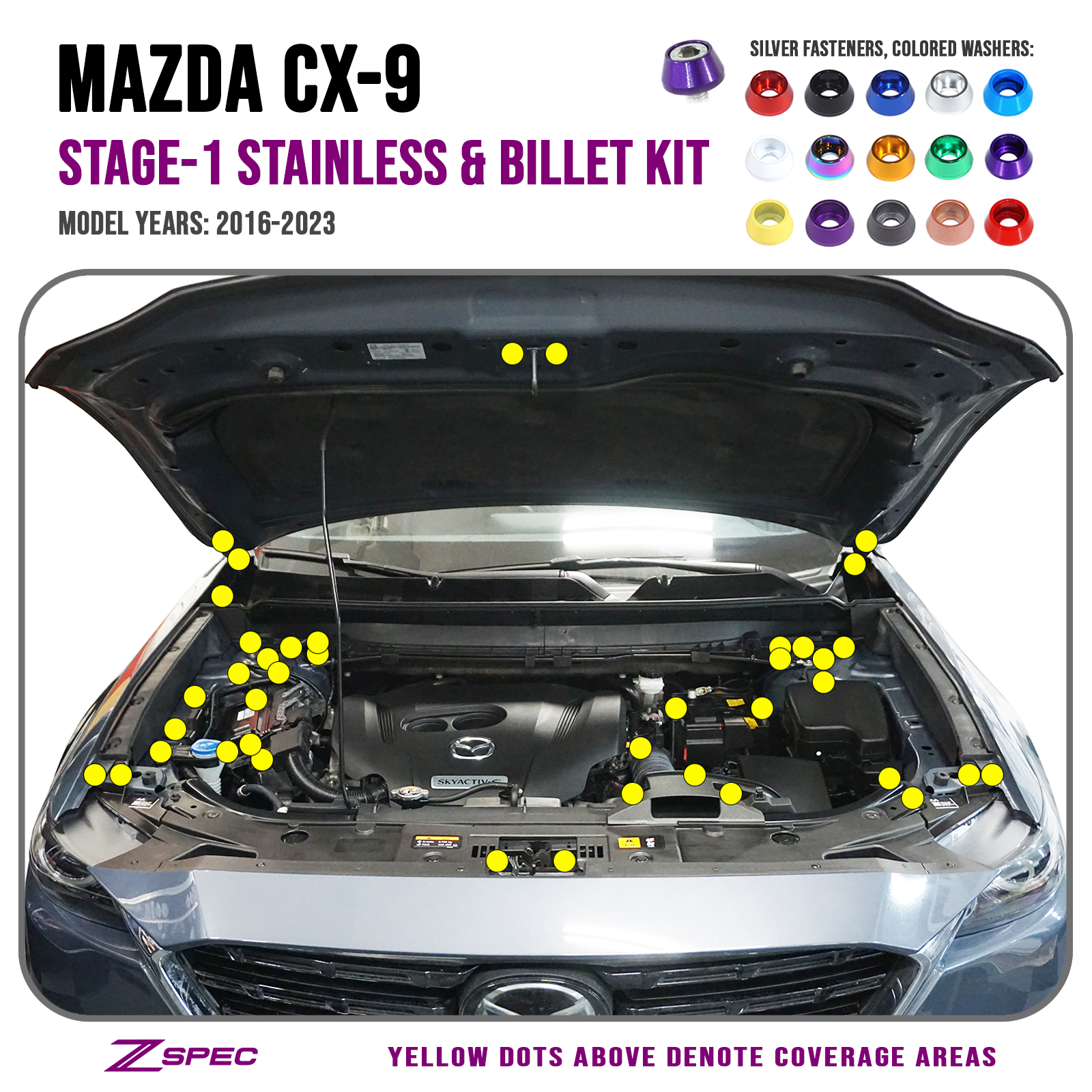 ZSPEC "Stage 1" Dress Up Bolts® Fastener Kit for '16-23 Mazda CX-9, Stainless & Billet - ZSPEC Design LLC - Hardware Fasteners - cx-9, Fastener Kit, mazda, stage 1 - zspecdesign.com