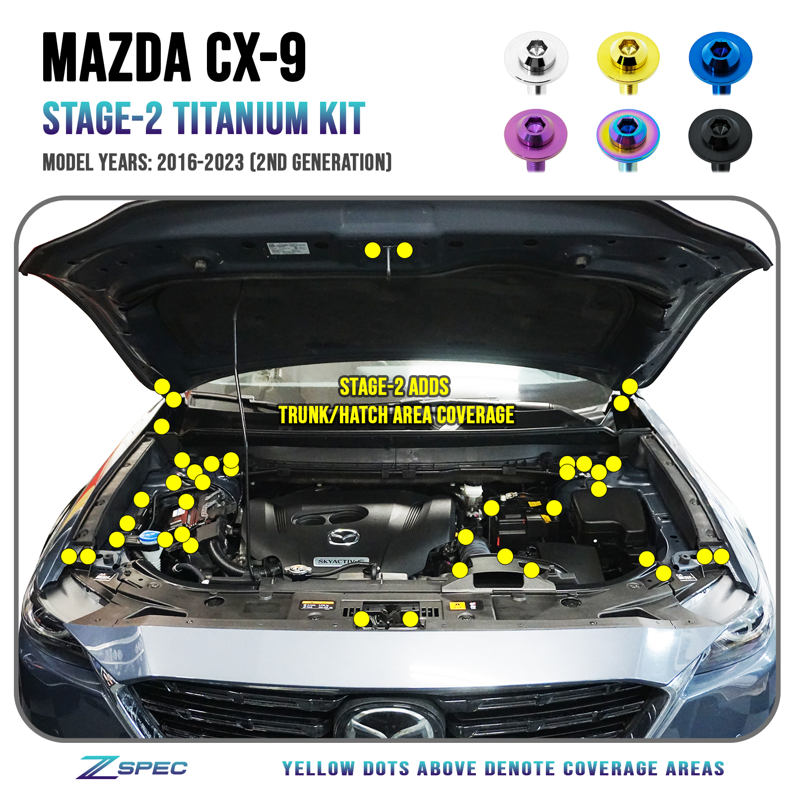ZSPEC "Stage 2" Dress Up Bolts® Fastener Kit for '16-23 Mazda CX-9, Titanium - ZSPEC Design LLC - Hardware Fasteners - cx-9, Fastener Kit, mazda, stage 2 - zspecdesign.com
