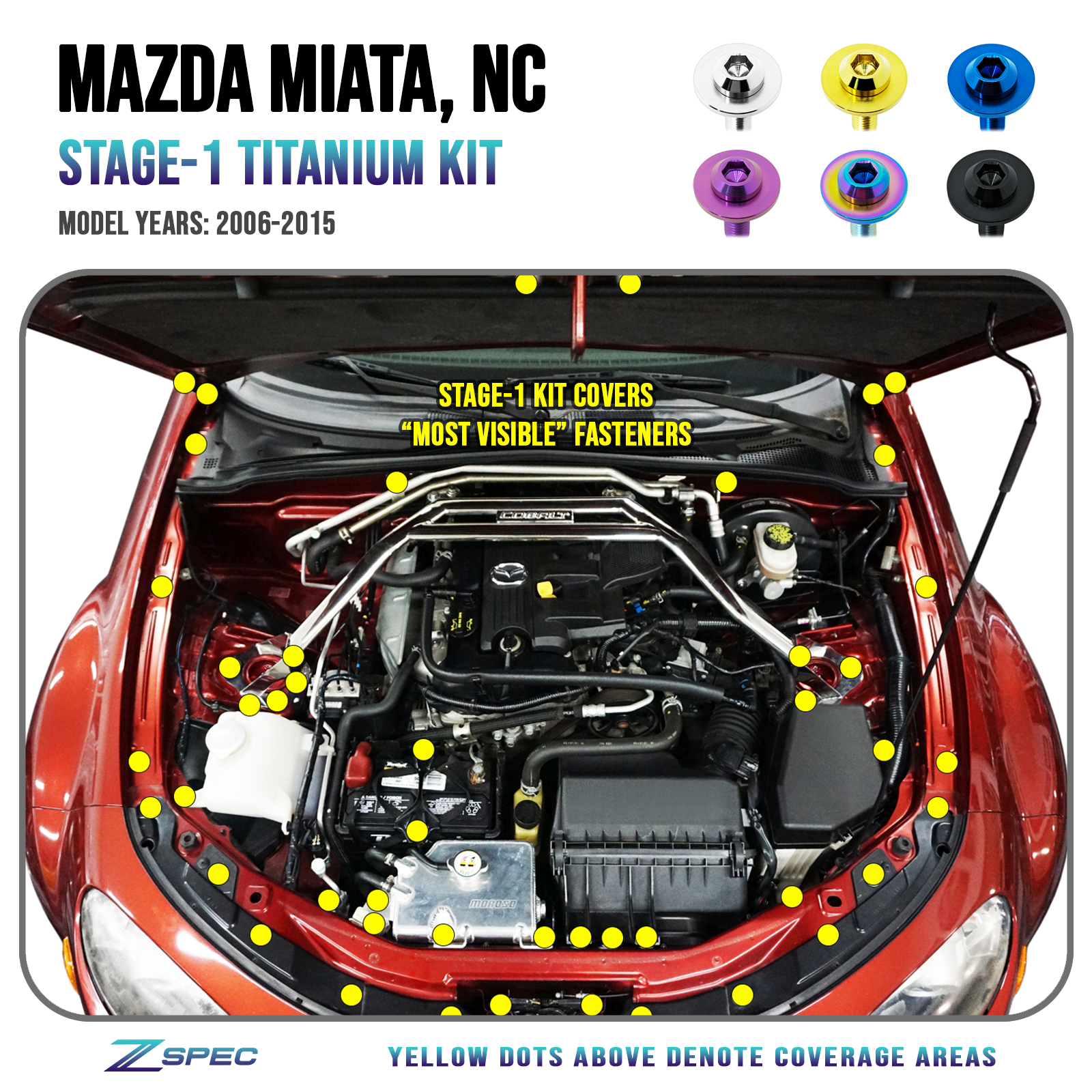 ZSPEC "Stage 1" Dress Up Bolts® Fastener Kit for Mazda Miata NC, Titanium Hardware - ZSPEC Design LLC - Hardware Fasteners - Fastener Kit, mazda, miata, nc, stage 1 - zspecdesign.com