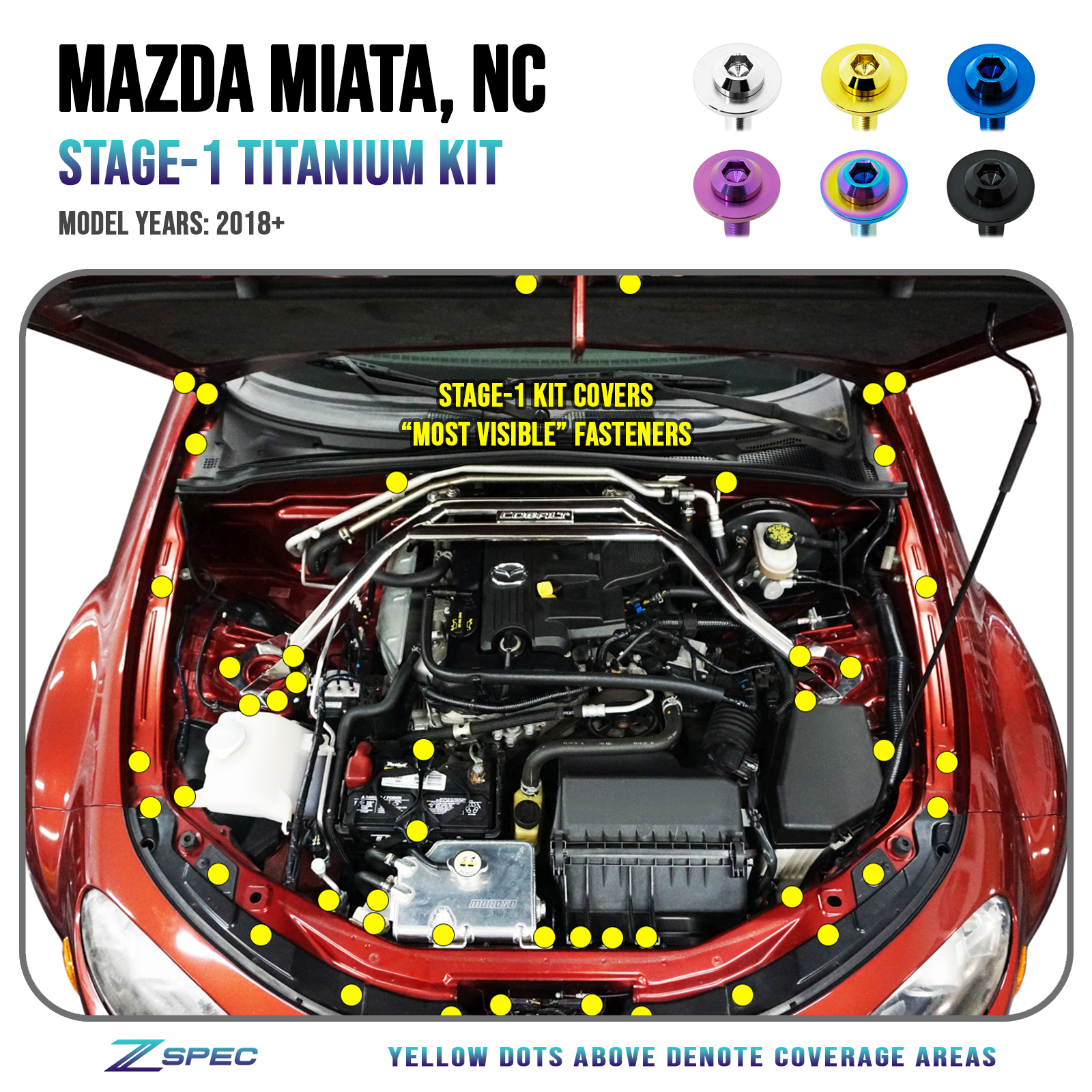 ZSPEC "Stage 1" Dress Up Bolts® Fastener Kit for '23+ Mitsubishi Mirage, Titanium - ZSPEC Design LLC - Hardware Fasteners - Fastener Kit, mirage, mitsubishi, stage 1, Washer Color - zspecdesign.com