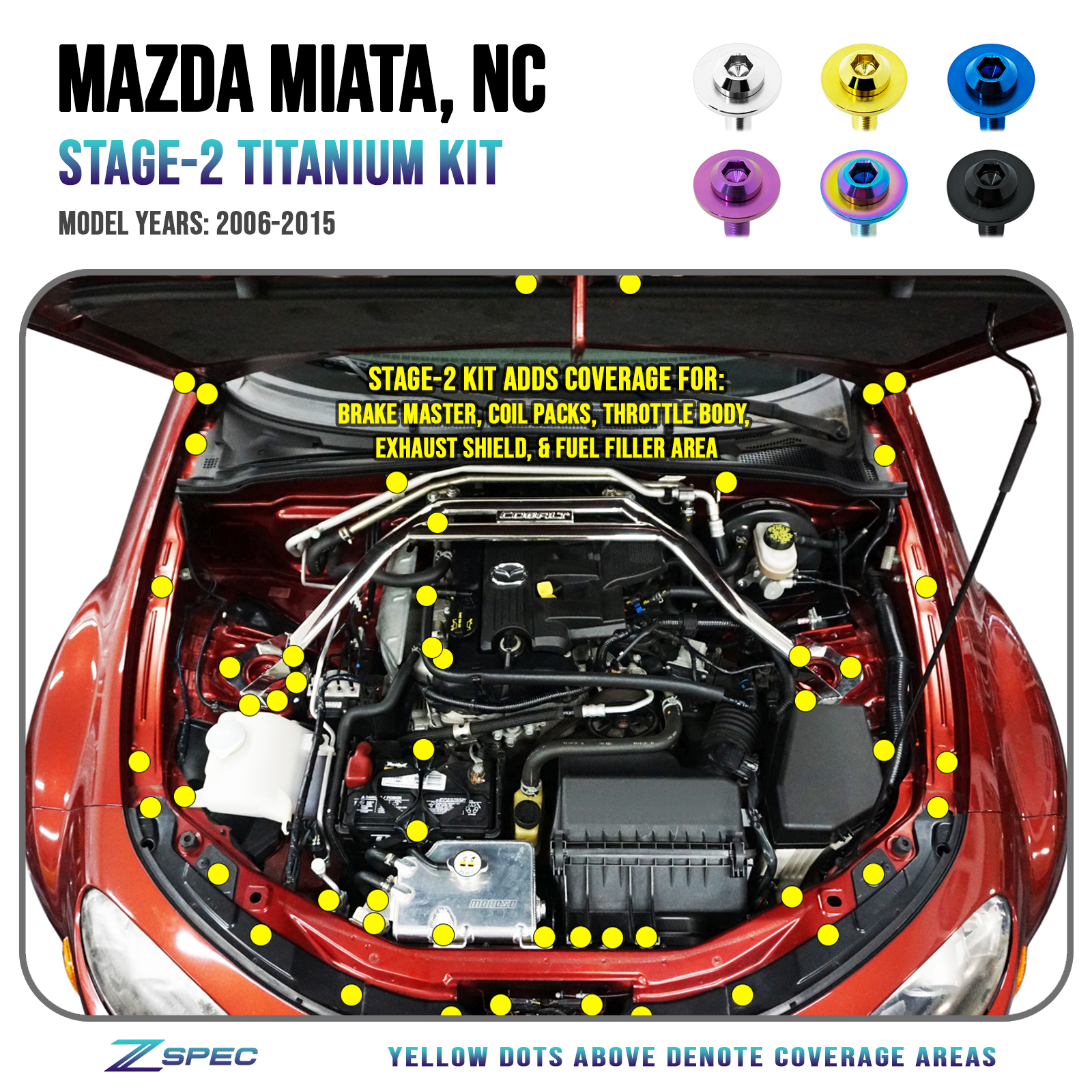 ZSPEC "Stage 2" Dress Up Bolts® Fastener Kit for Mazda Miata NC, Titanium Hardware - ZSPEC Design LLC - Hardware Fasteners - Fastener Kit, mazda, miata, nc, stage 2 - zspecdesign.com