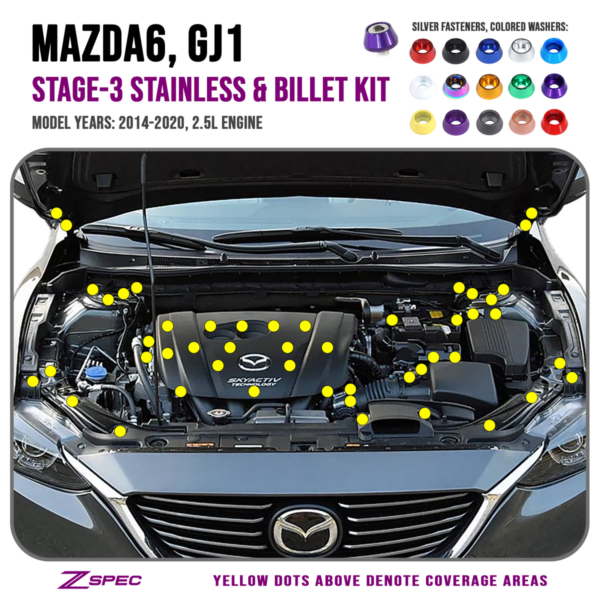 ZSPEC Stage-3 Dress Up Fastener Kit, Mazda6 2.5L, Stainless & Billet