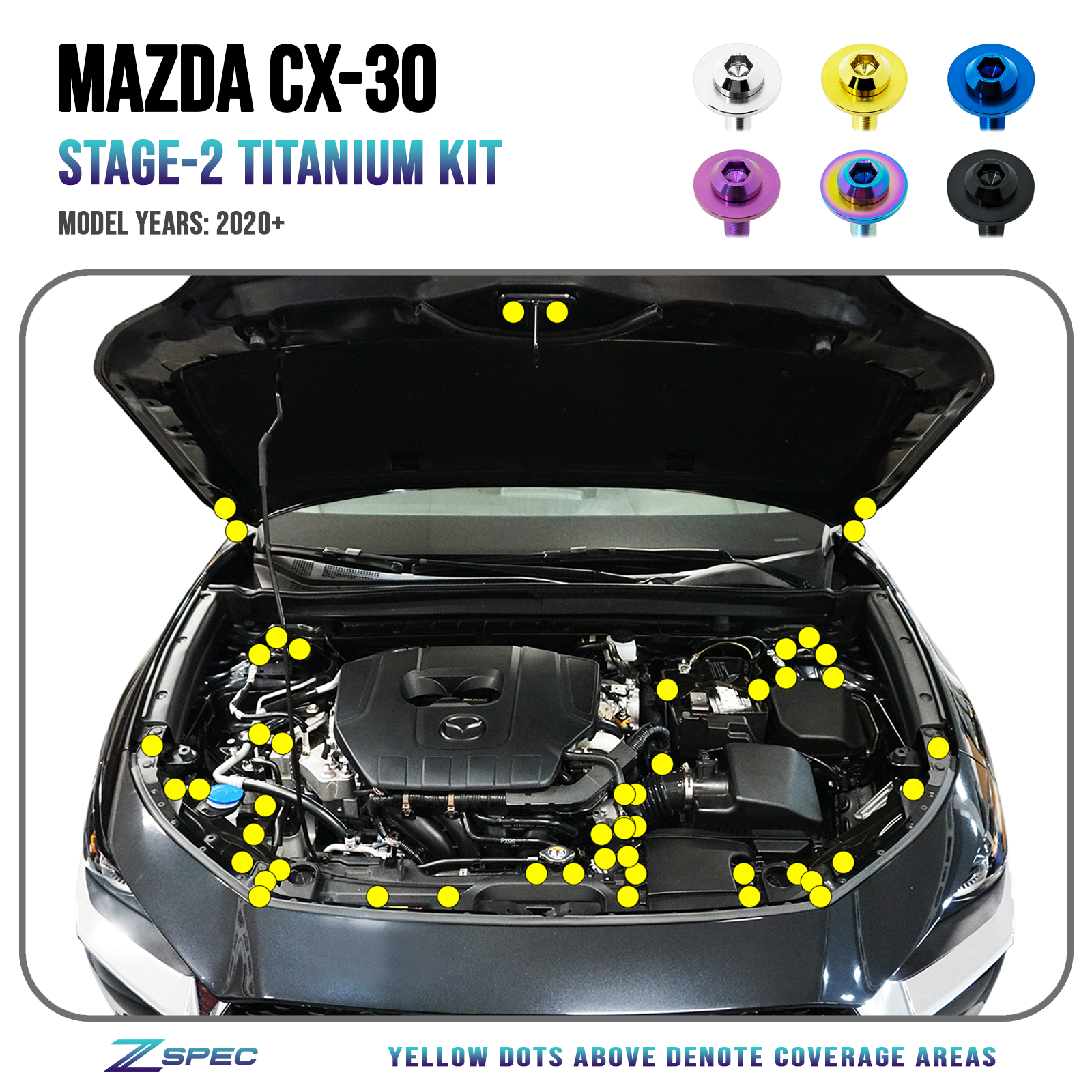 ZSPEC "Stage 2" Dress Up Bolts® Fastener Kit for the '20-24 Mazda CX-30, Titanium - ZSPEC Design LLC - Hardware Fasteners - cx-30, Fastener Kit, mazda, stage 2 - zspecdesign.com