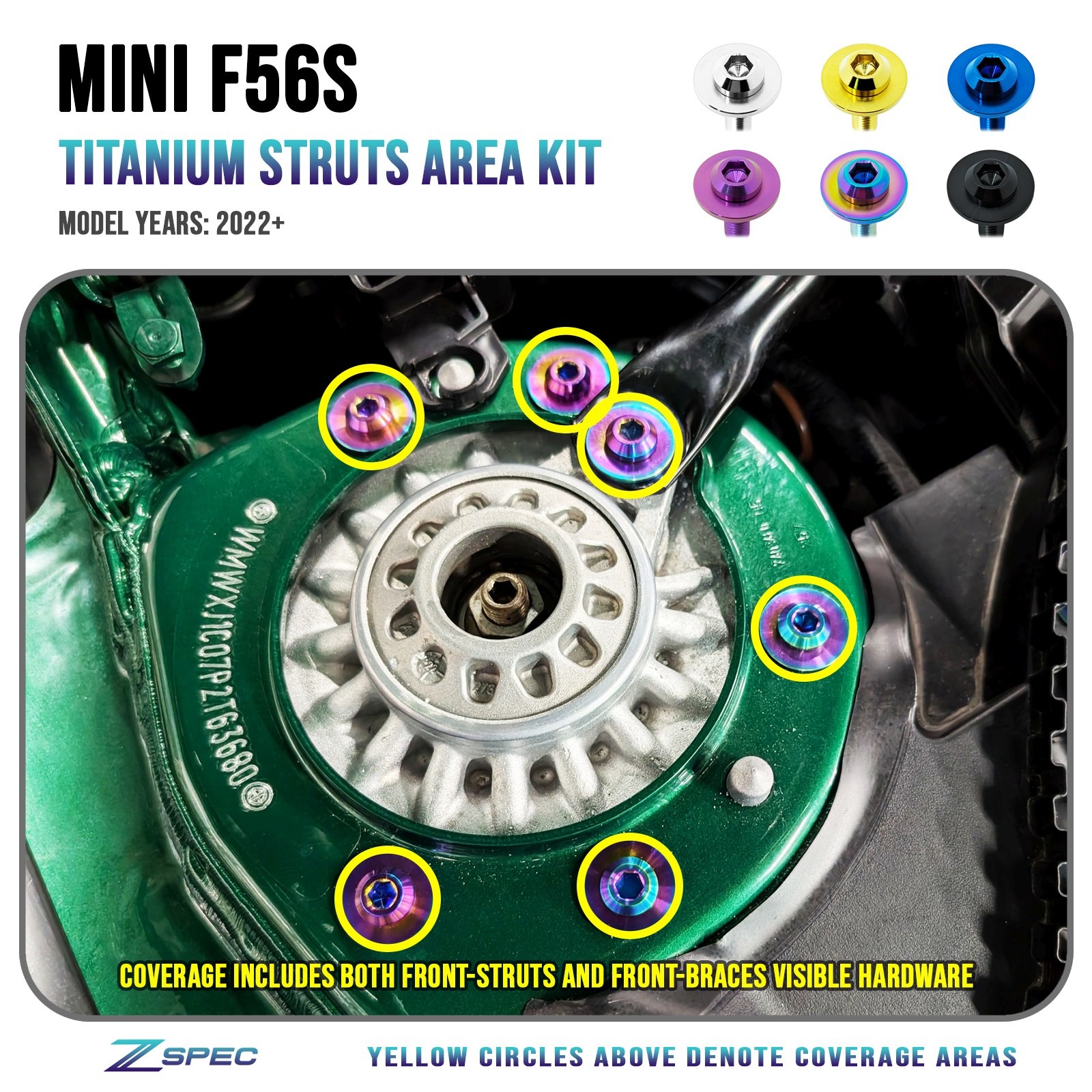 ZSPEC Front Struts & Strut Braces Dress Up Bolts Fastener Kit, '22+ Mini Cooper F56s, Titanium - ZSPEC Design LLC