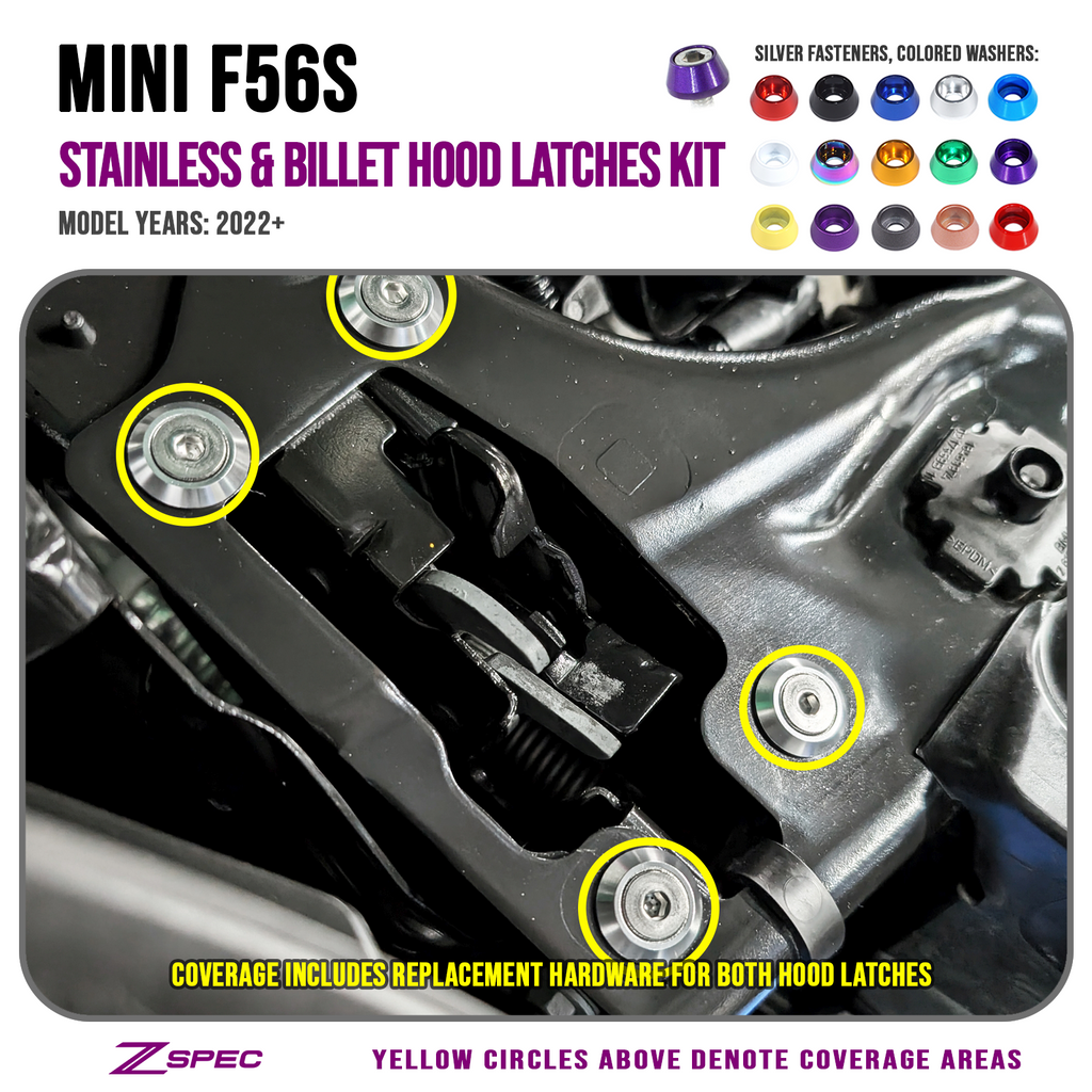 Mini Cooper Fastners ZSPEC Hood Latches Fastener Kit, '22+ Mini Cooper F56s, Stainless & Bi