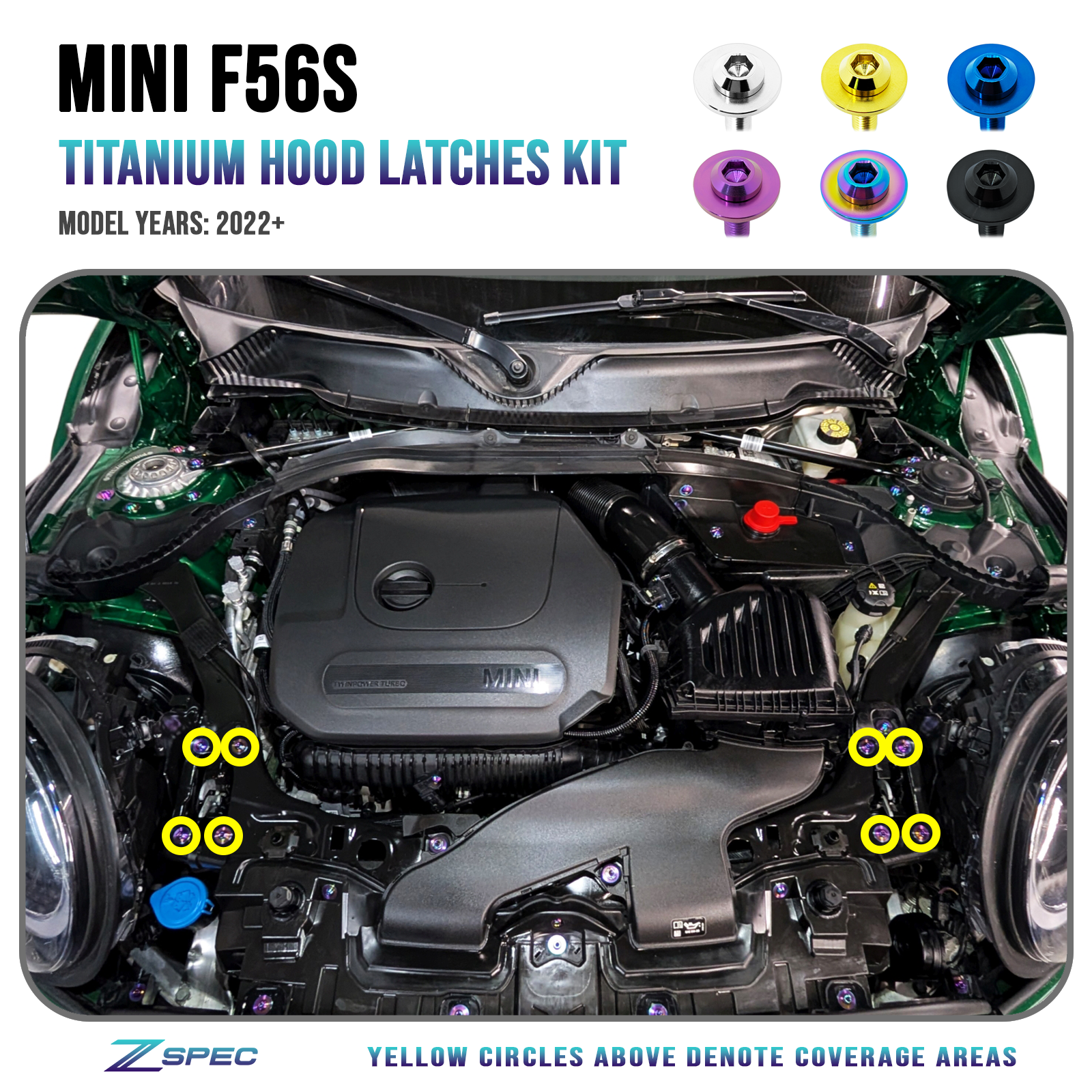 ZSPEC Hood Latches Dress Up Bolts® Fastener Kit, '22+ Mini Cooper F56s, Titanium - ZSPEC Design LLC