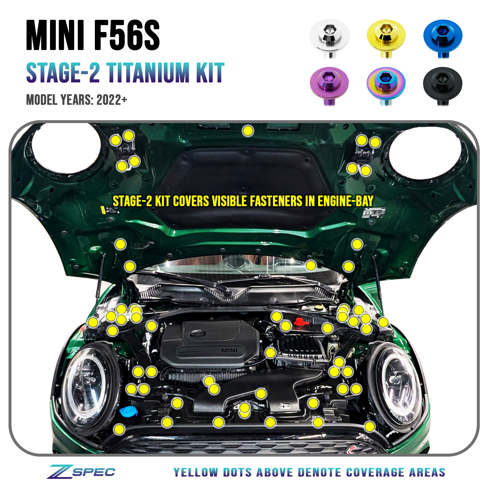 ZSPEC Staged Dress Up Bolts® Fastener Kit, '22+ Mini Cooper F56s, Titanium - ZSPEC Design LLC