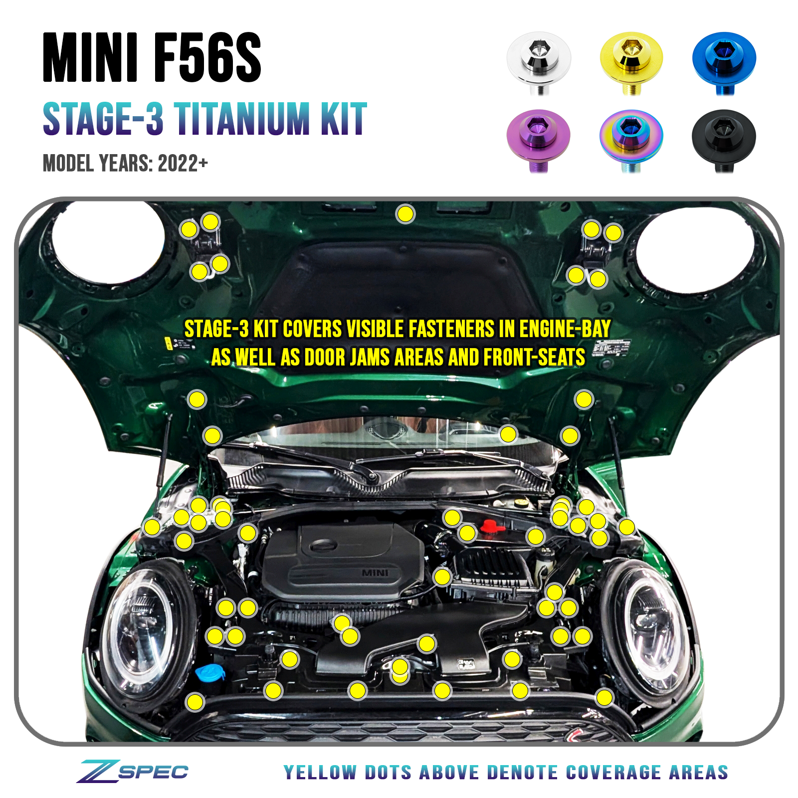 ZSPEC Stage-3 Dress Up Bolts® Fastener Kit, '22+ Mini Cooper F56s, Titanium - ZSPEC Design LLC