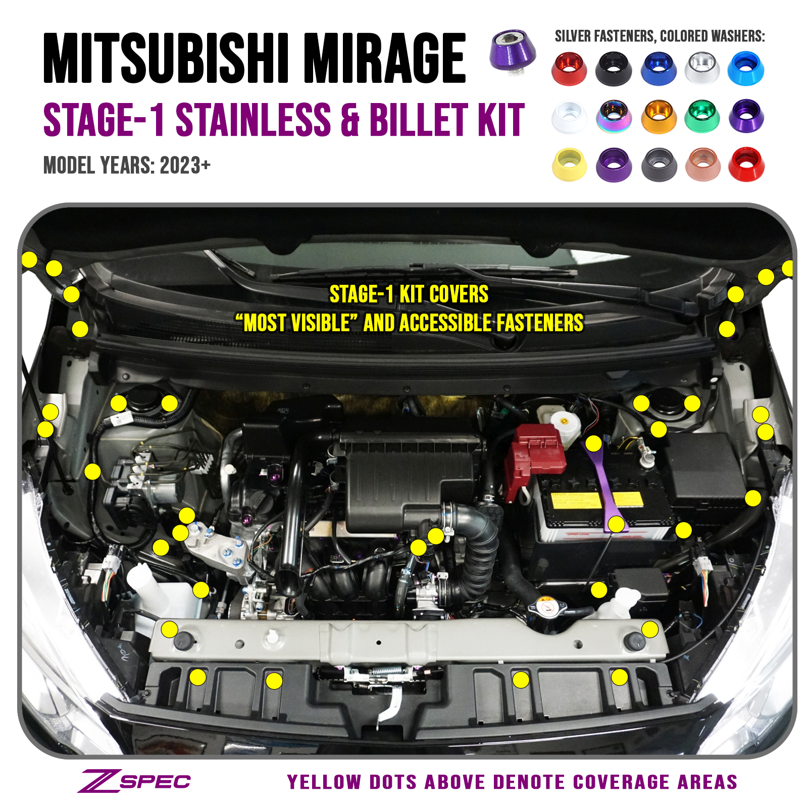 ZSPEC "Stage 1" Dress Up Bolts® Fastener Kit for '23+ Mitsubishi Mirage, Stainless & Billet - ZSPEC Design LLC - Hardware Fasteners - Fastener Kit, mirage, mitsubishi, stage 1, Washer Color - zspecdesign.com