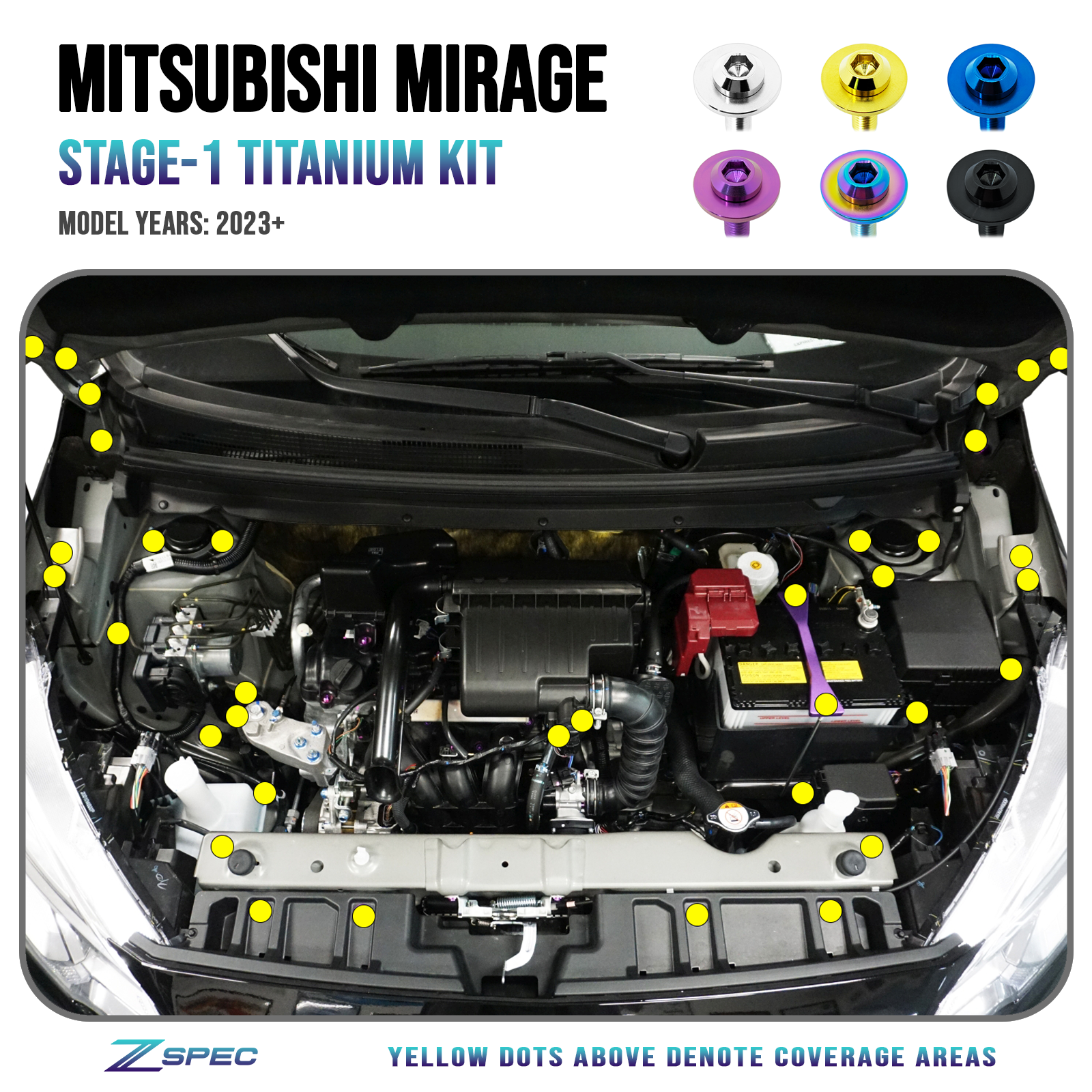 ZSPEC "Stage 1" Dress Up Bolts® Fastener Kit for '23+ Mitsubishi Mirage, Titanium - ZSPEC Design LLC - Hardware Fasteners - Fastener Kit, mirage, mitsubishi, stage 1, Washer Color - zspecdesign.com