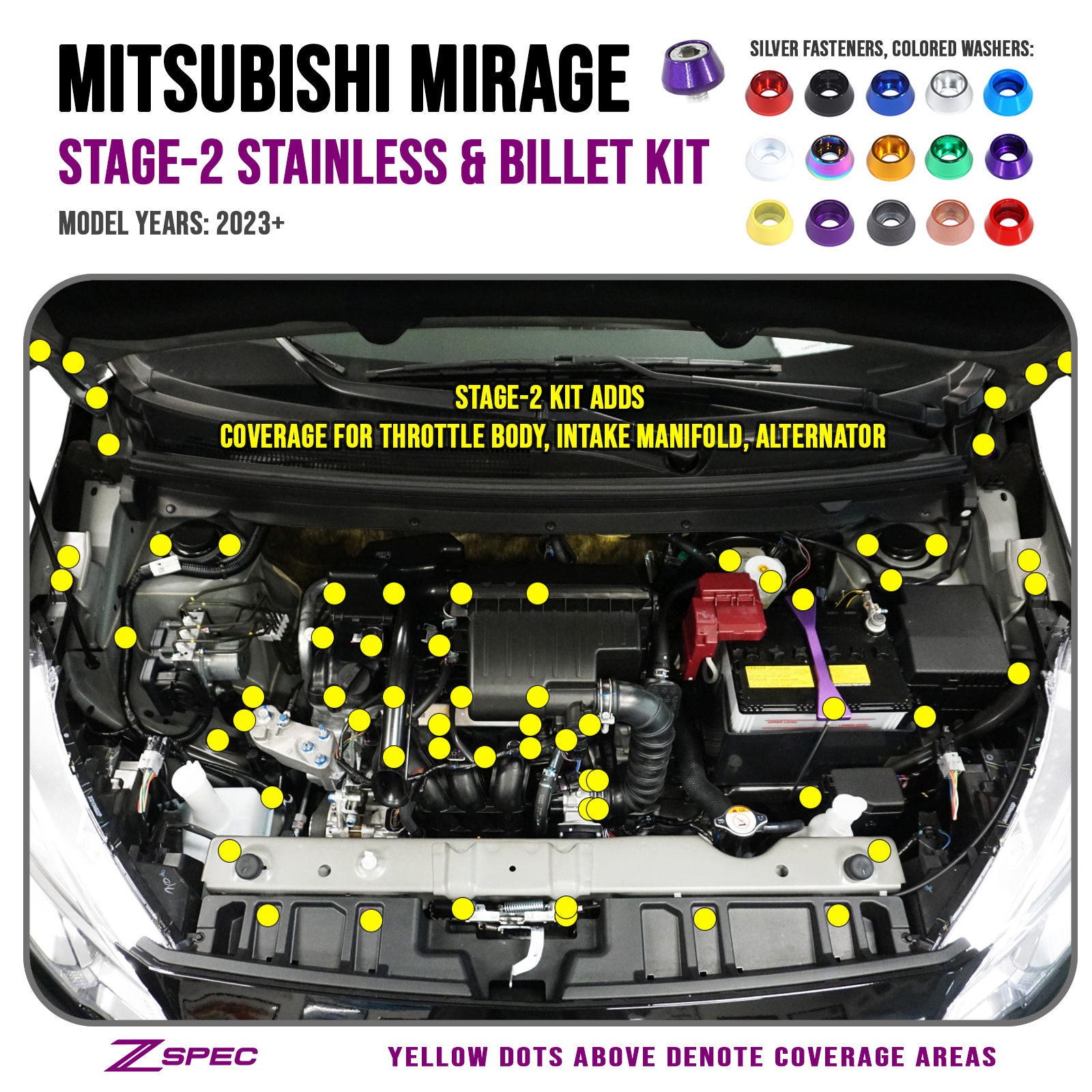 ZSPEC "Stage 2" Dress Up Bolts® Fastener Kit for '23+ Mitsubishi Mirage, Stainless & Billet - ZSPEC Design LLC - Hardware Fasteners - Fastener Kit, mirage, mitsubishi, stage 2, Washer Color - zspecdesign.com