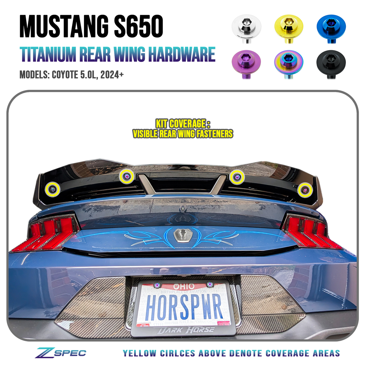 Mustang S650 Rear Wing Titanium Dress Up Bolts Fasteners Hardware | ZSPEC Design LLC