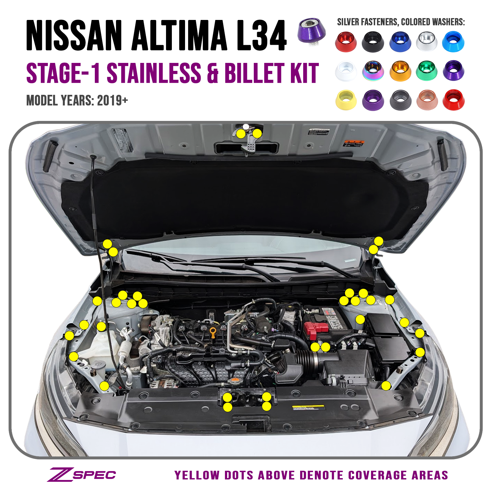 ZSPEC Stage-1 Dress Up Bolts® Hardware Kit for Nissan Altima L34

SUS304 Stainless Fasteners
6061 Billet Colored Finish Washers

Thoughtfully organized by area