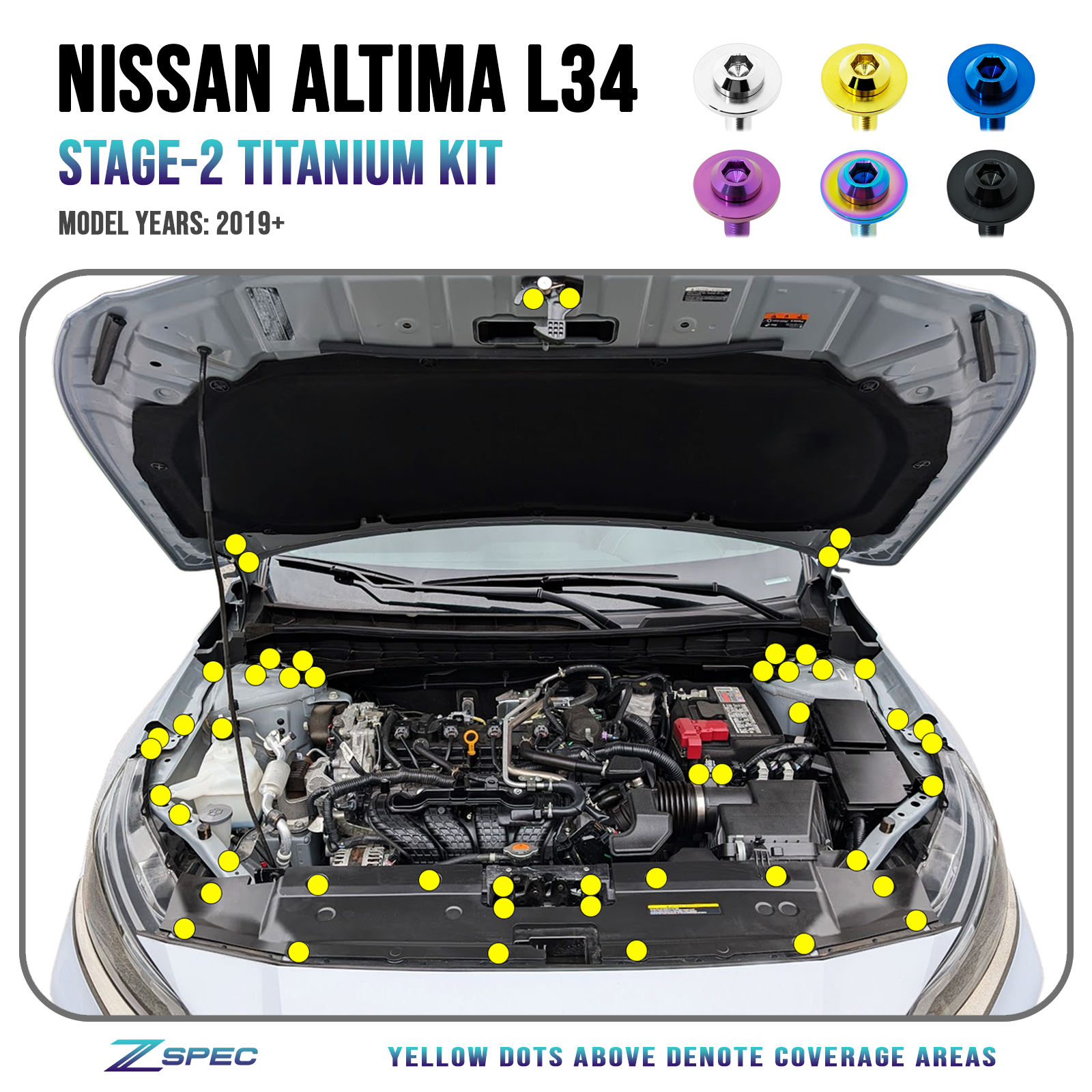 ZSPEC Stage-2 Dress Up Bolts® Kit, Nissan Altima L34, Titanium

Grade-5 Titanium (40-45% weight-savings, non-corrosive)  

Works with all model trims.