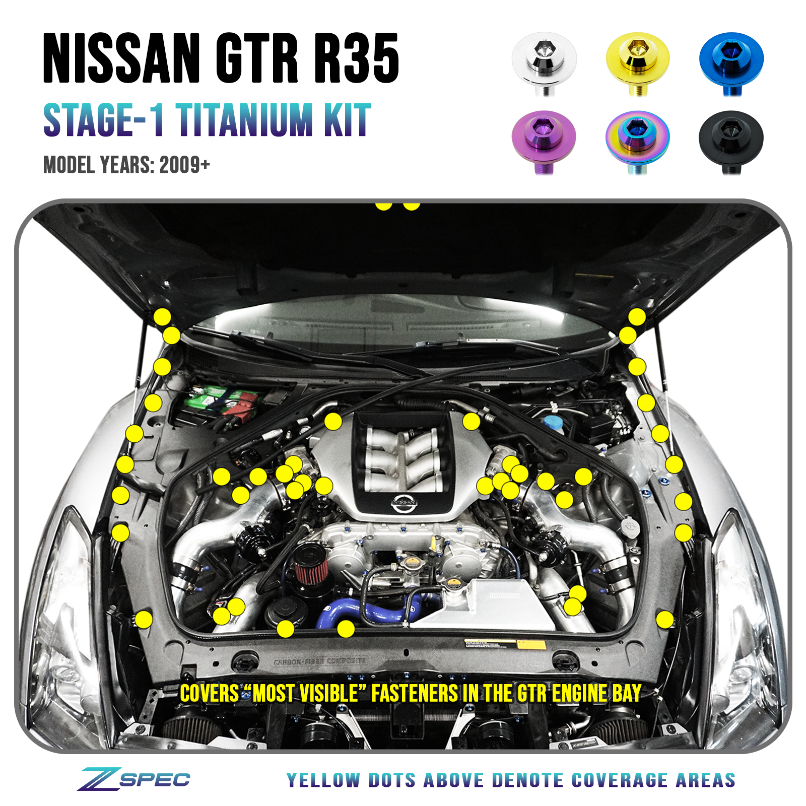 ZSPEC "Stage 1" Dress Up Bolts® Fastener Kit for '09-23 Nissan GTR (R35), Titanium - ZSPEC Design LLC - Hardware Fasteners - Fastener Kit, gt-r, gtr, nissan, r35, skyline, stage 1, titanium - zspecdesign.com