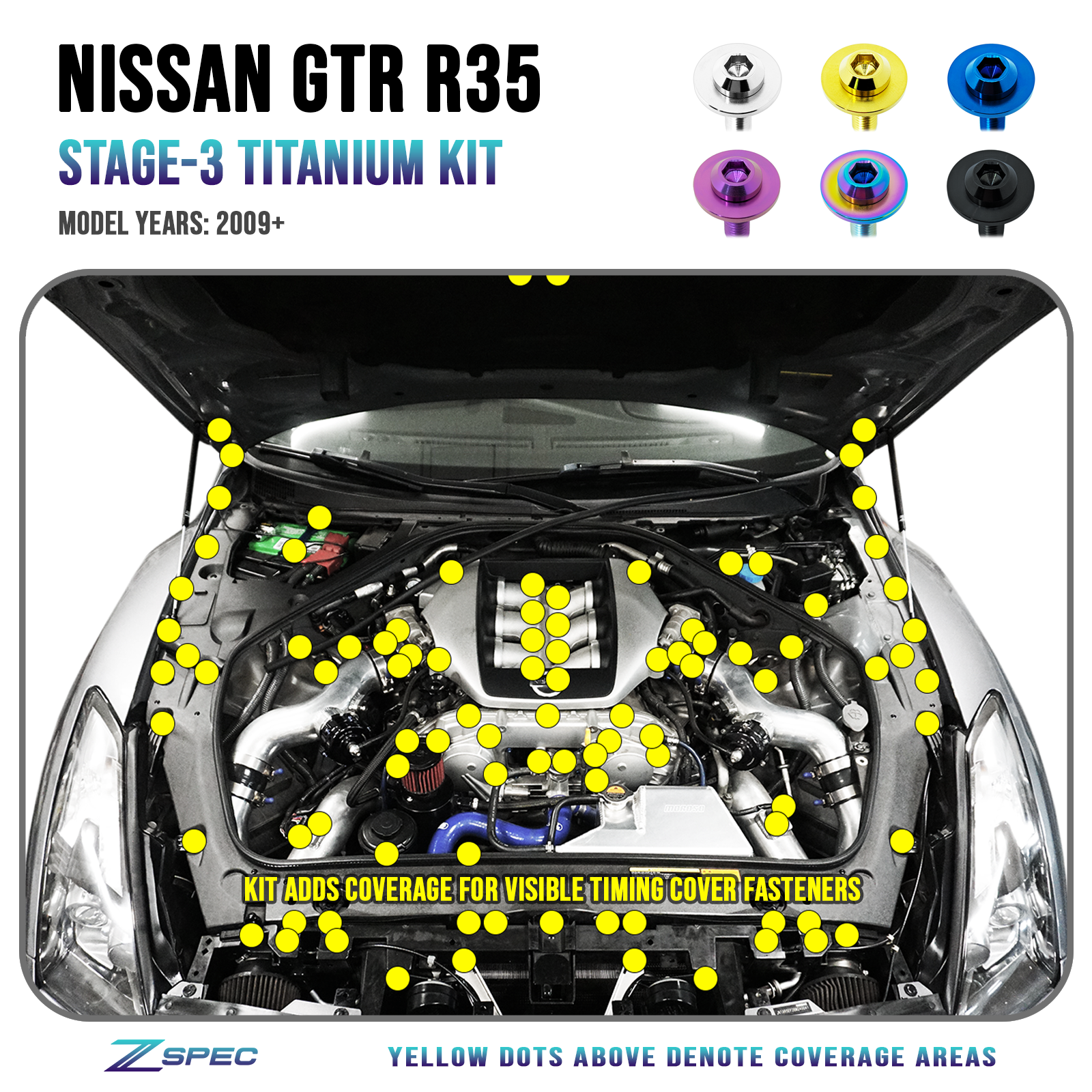 ZSPEC "Stage 3" Dress Up Bolts® Fastener Kit for '09-23 Nissan GTR (R35), Titanium - ZSPEC Design LLC - Hardware Fasteners - Fastener Kit, gt-r, gtr, nissan, r35, skyline, stage 3, titanium - zspecdesign.com