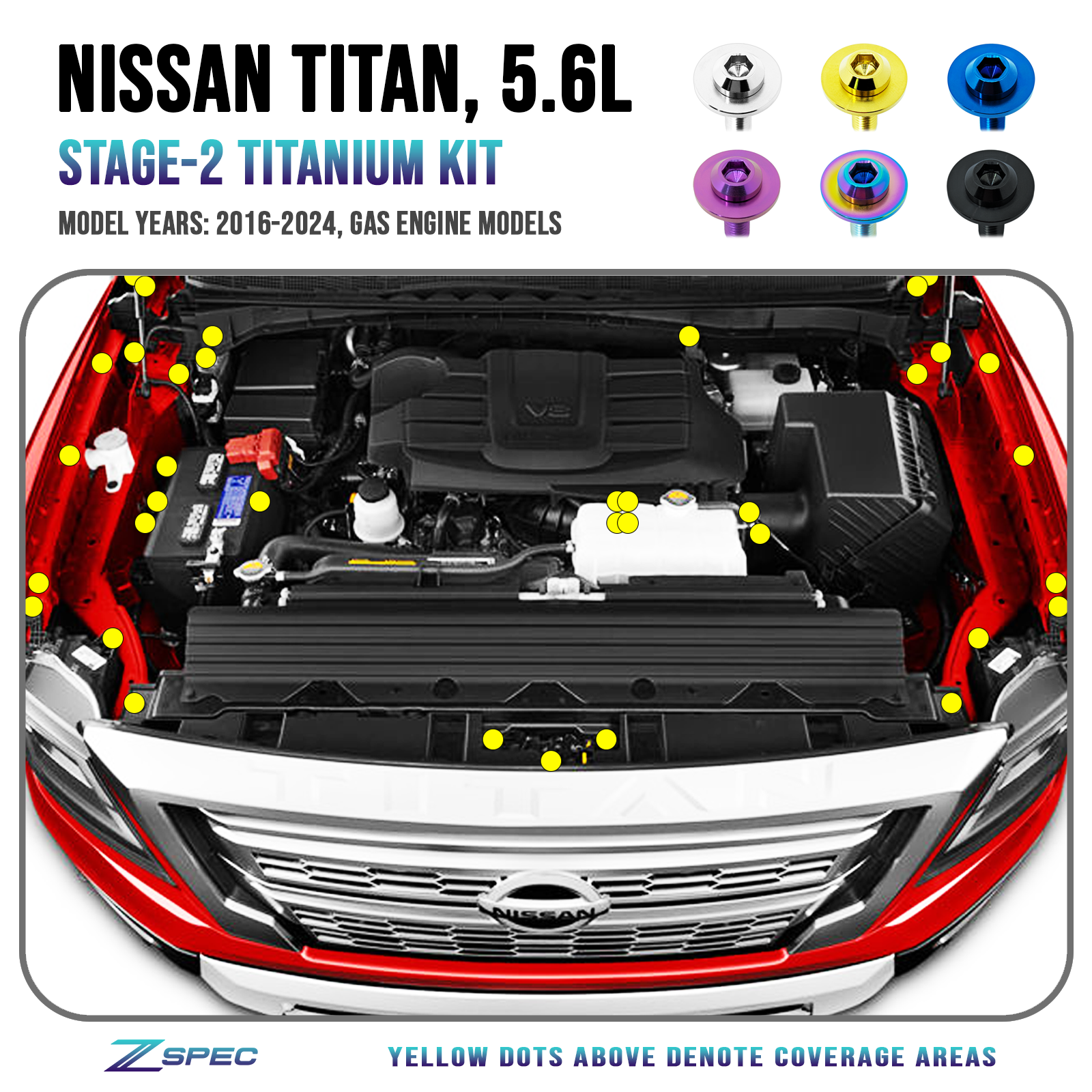 ZSPEC "Stage 2" Engine Bay Fastener Kit for 16+ Nissan Titan 5.6L, Titanium - ZSPEC Design LLC - Hardware Fasteners - 2022, a61, d41, Fastener Kit, nissan, stage 2, titanium, Washer Color - zspecdesign.com