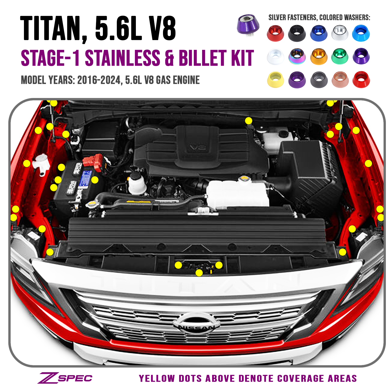 ZSPEC "Stage 1" Dress Up Bolts® Fastener Kit for 16+ Nissan Titan XD 5.6L, Stainless & Billet - ZSPEC Design LLC - Hardware Fasteners - Diesel, Fastener Kit, nissan, stage 1, titan, Washer Color, XD - zspecdesign.com