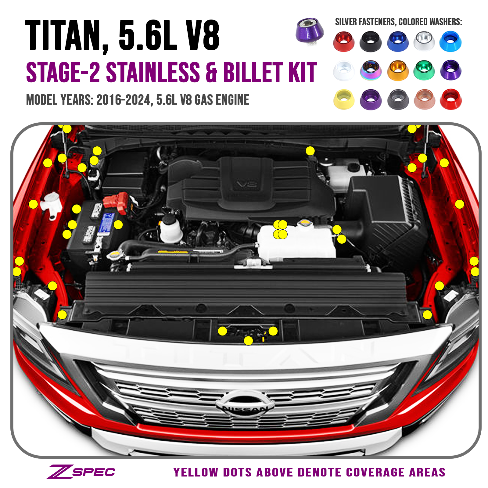 ZSPEC "Stage 2" Dress Up Bolts® Fastener Kit for 16+ Nissan Titan XD 5.6L, Stainless & Billet - ZSPEC Design LLC - Hardware Fasteners - Diesel, Fastener Kit, nissan, stage 2, titan, Washer Color, XD - zspecdesign.com