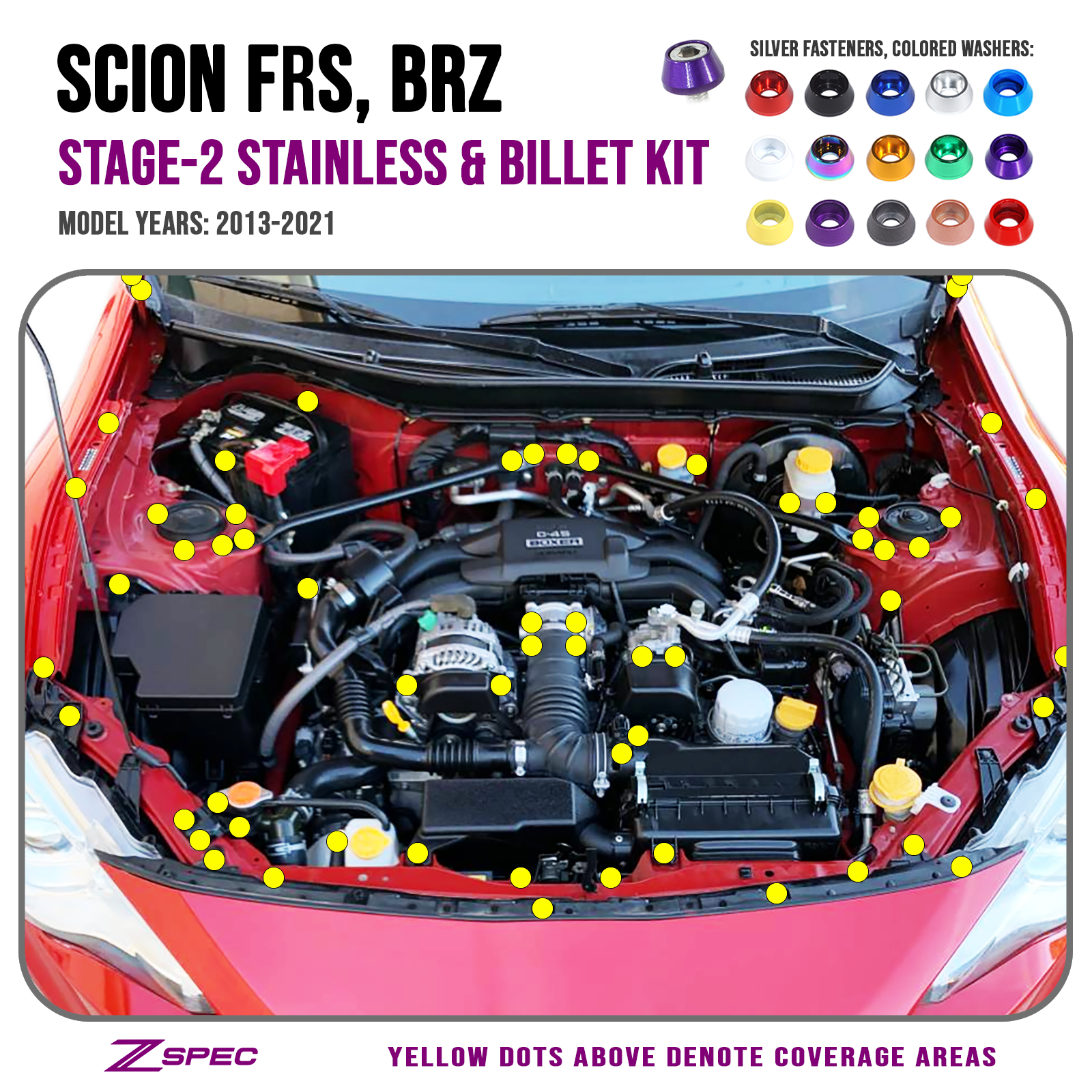 ZSPEC "Stage 2" Dress Up Bolts® Fastener Kit for Scion FRS, Subaru BRZ, Toyota 86 '13-21, Stainless & Billet - ZSPEC Design LLC - Hardware Fasteners - 86, brz, Fastener Kit, frs, scion, stage 2, subaru, toyota - zspecdesign.com