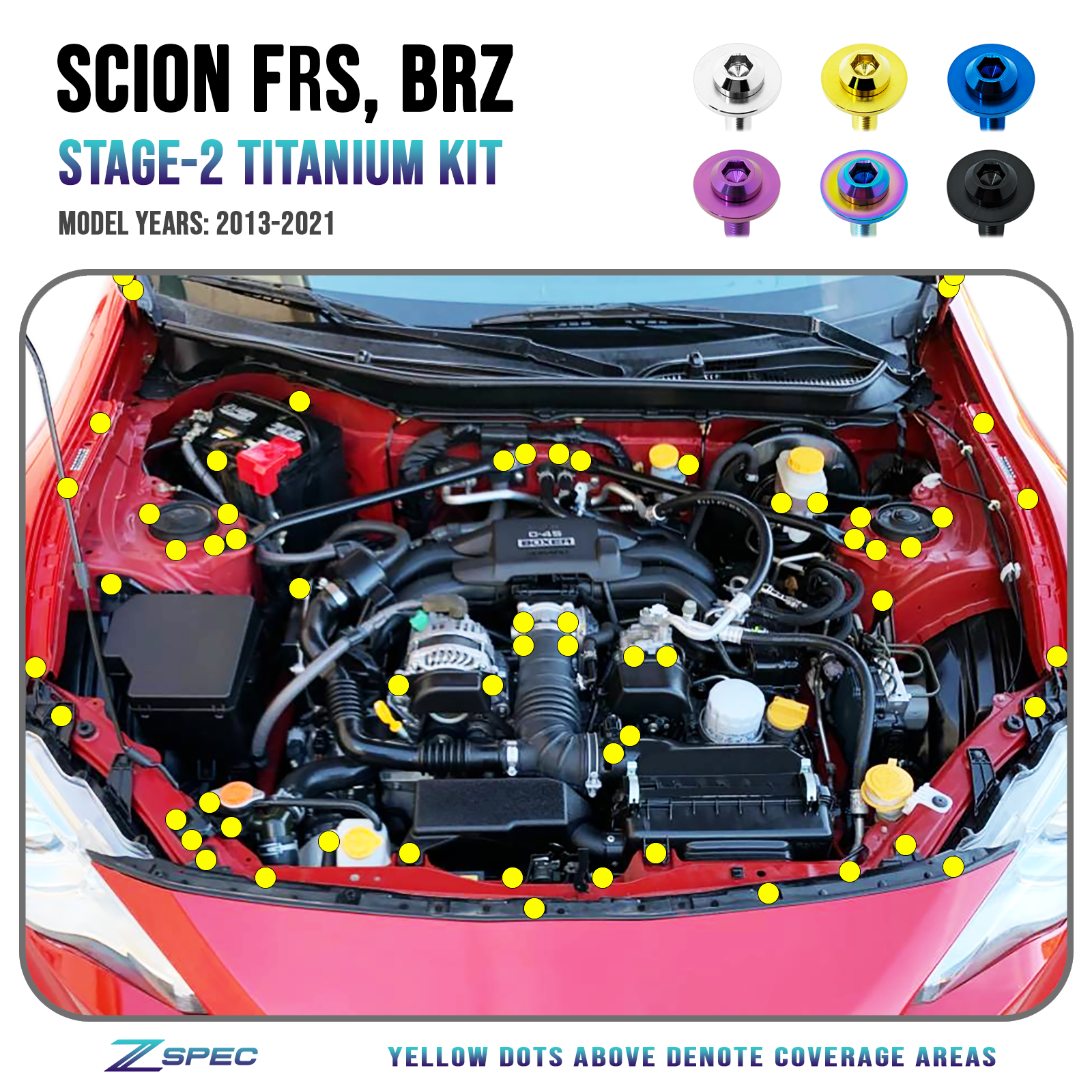 ZSPEC "Stage 2" Dress Up Bolts® Fastener Kit for Scion FRS, Subaru BRZ, Toyota 86 '13-21, Titanium - ZSPEC Design LLC - Hardware Fasteners - 86, brz, Fastener Kit, frs, scion, stage 2, subaru, toyota - zspecdesign.com