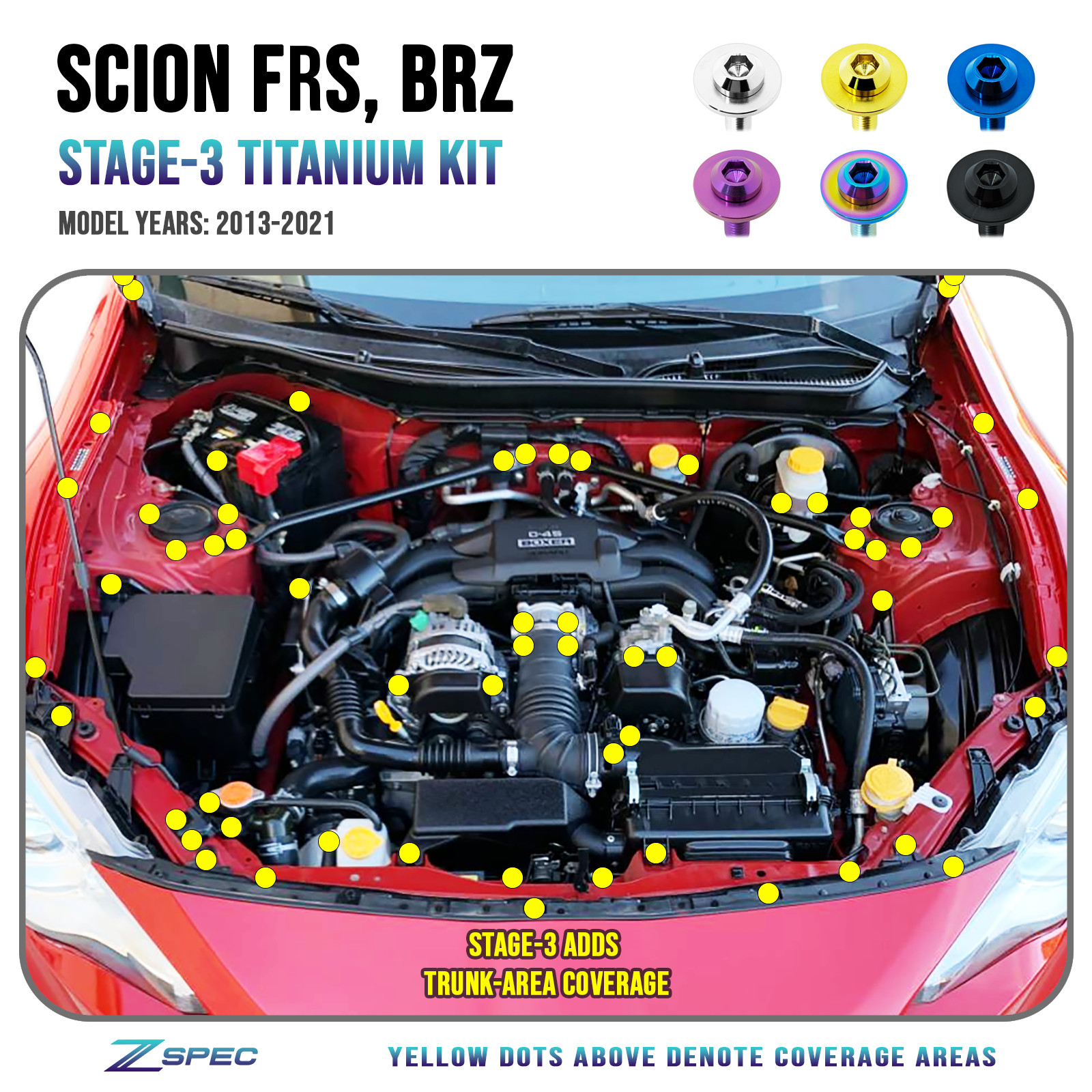 ZSPEC "Stage 3" Dress Up Bolts® Fastener Kit for Scion FRS, Subaru BRZ, Toyota 86 '13-21, Titanium - ZSPEC Design LLC - Hardware Fasteners - 86, brz, Fastener Kit, frs, scion, stage 3, subaru, toyota - zspecdesign.com